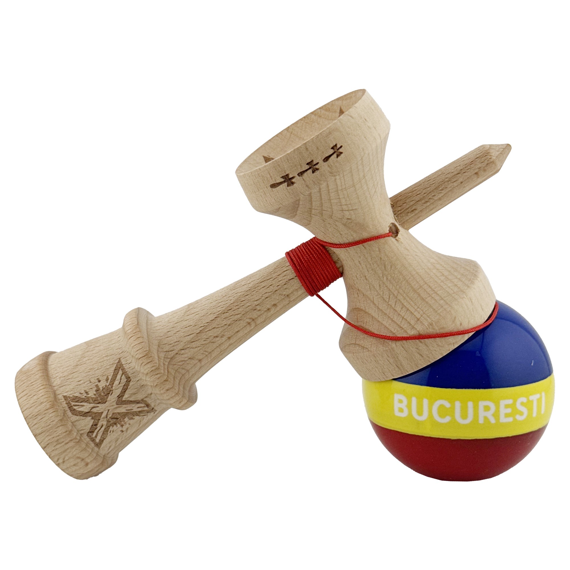 Kendama X Originala, Profesionala, Flippy, Tricolor Edition BUCURESTI, Super Sticky cu Cupe Mari KING SIZE V3, Rulment Metalic si Gaura in Baza, din Lemn 18 cm, Ata 62/65 cm, Multicolor