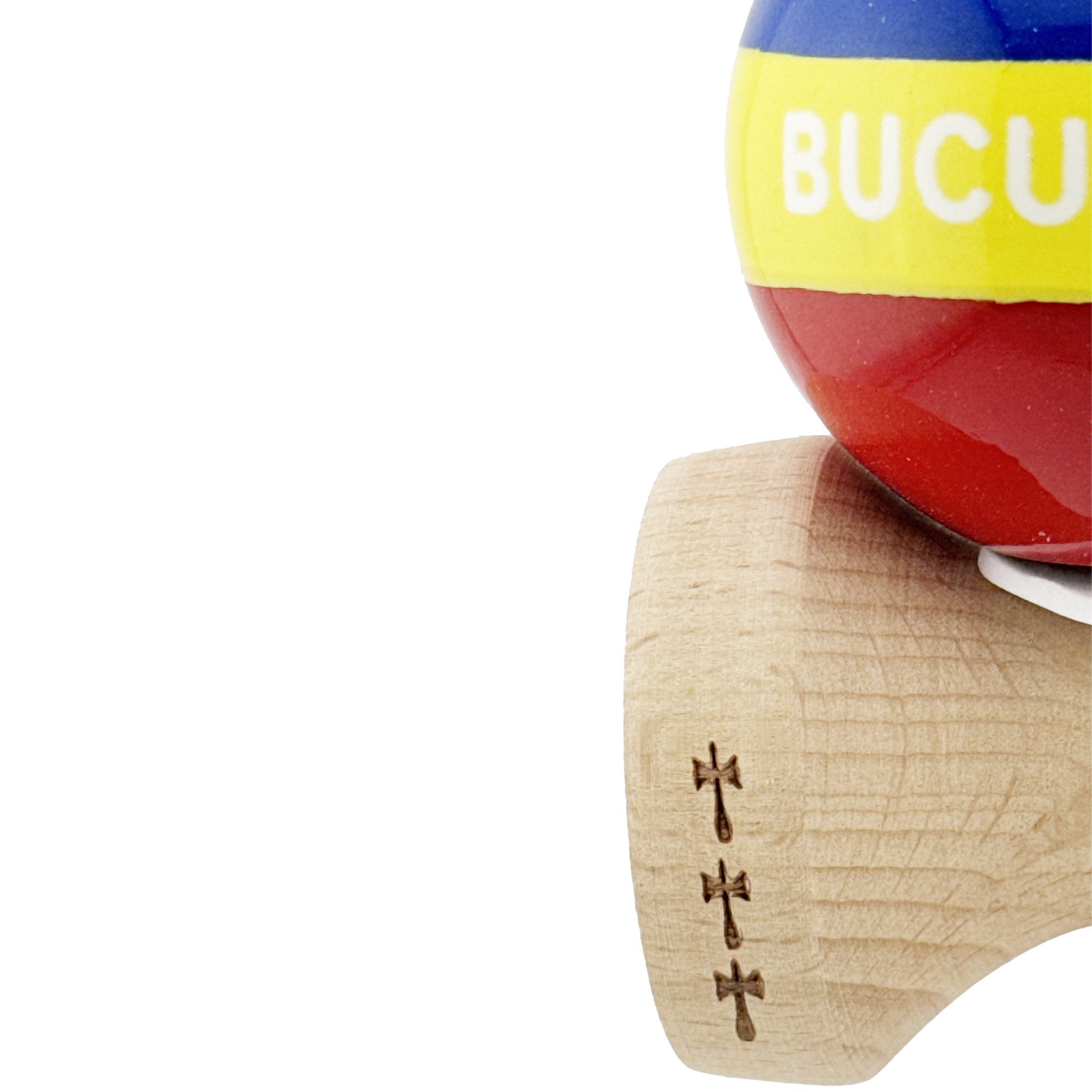 Kendama X Originala, Profesionala, Flippy, Tricolor Edition BUCURESTI, Super Sticky cu Cupe Mari KING SIZE V3, Rulment Metalic si Gaura in Baza, din Lemn 18 cm, Ata 62/65 cm, Multicolor