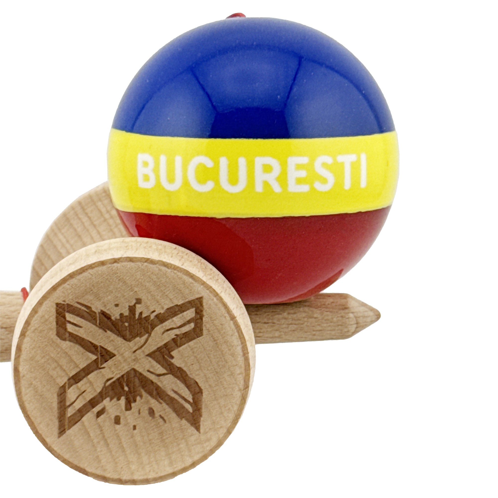 Kendama X Originala, Profesionala, Flippy, Tricolor Edition BUCURESTI, Super Sticky cu Cupe Mari KING SIZE V3, Rulment Metalic si Gaura in Baza, din Lemn 18 cm, Ata 62/65 cm, Multicolor