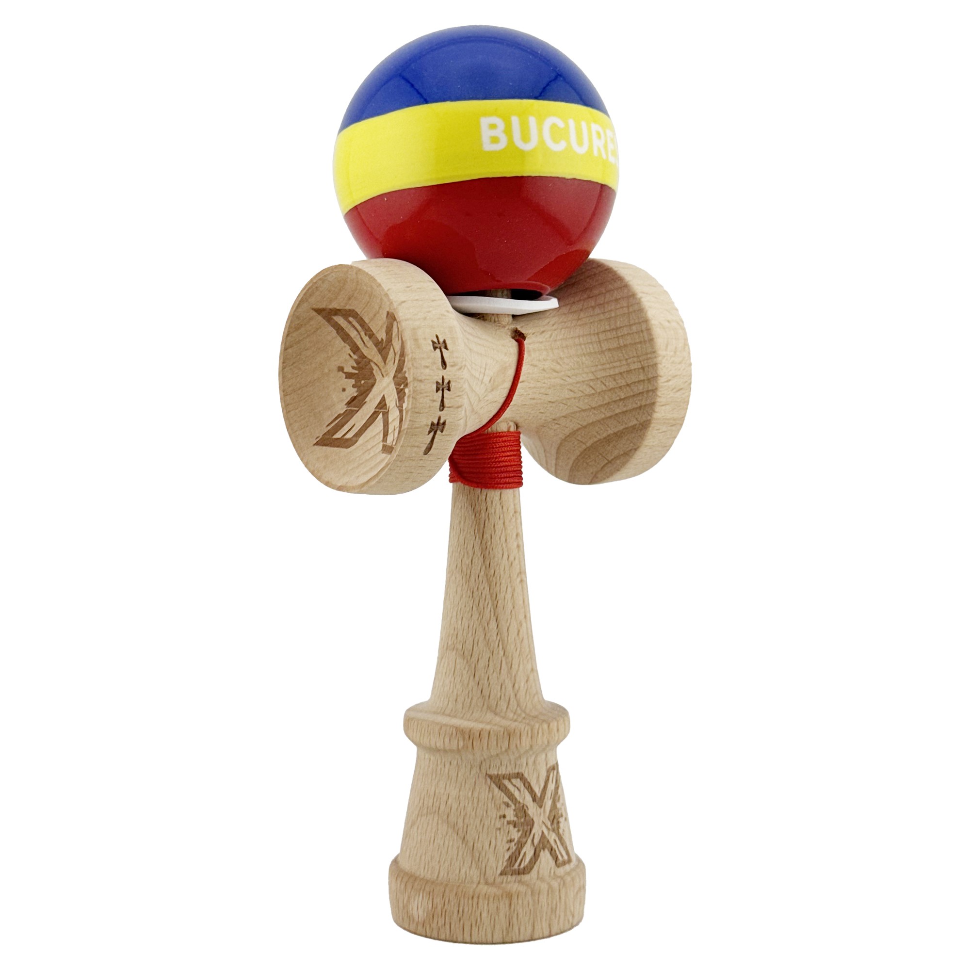 Kendama X Originala, Profesionala, Flippy, Tricolor Edition BUCURESTI, Super Sticky cu Cupe Mari KING SIZE V3, Rulment Metalic si Gaura in Baza, din Lemn 18 cm, Ata 55 cm, Multicolor