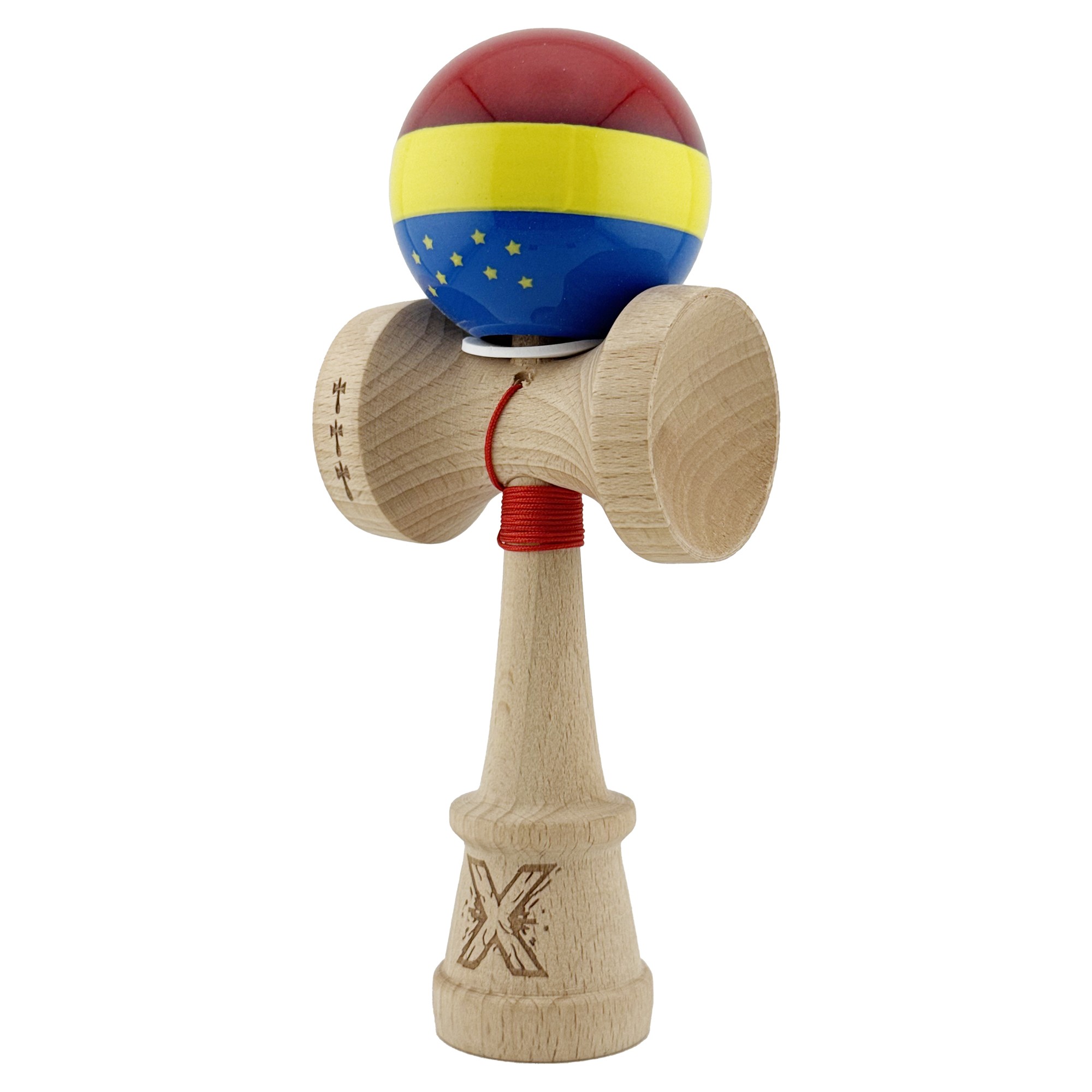 Kendama X Originala, Profesionala, Flippy, Tricolor Edition cu Stele, Super Sticky cu Cupe Mari KING SIZE V3, Rulment Metalic si Gaura in Baza, din Lemn 18 cm, Ata 62/65 cm, Multicolor