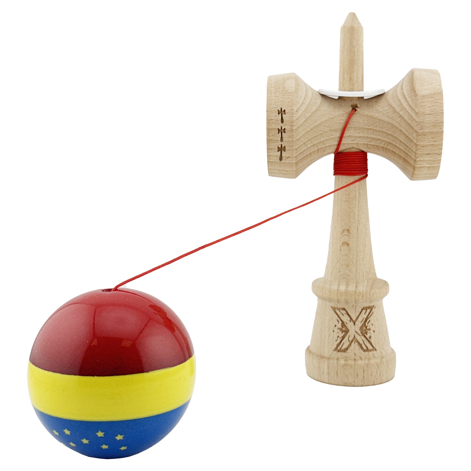 Kendama X Originala, Profesionala, Flippy, Tricolor Edition cu Stele, Super Sticky cu Cupe Mari KING SIZE V3, Rulment Metalic si Gaura in Baza, din Lemn 18 cm, Ata 62/65 cm, Multicolor