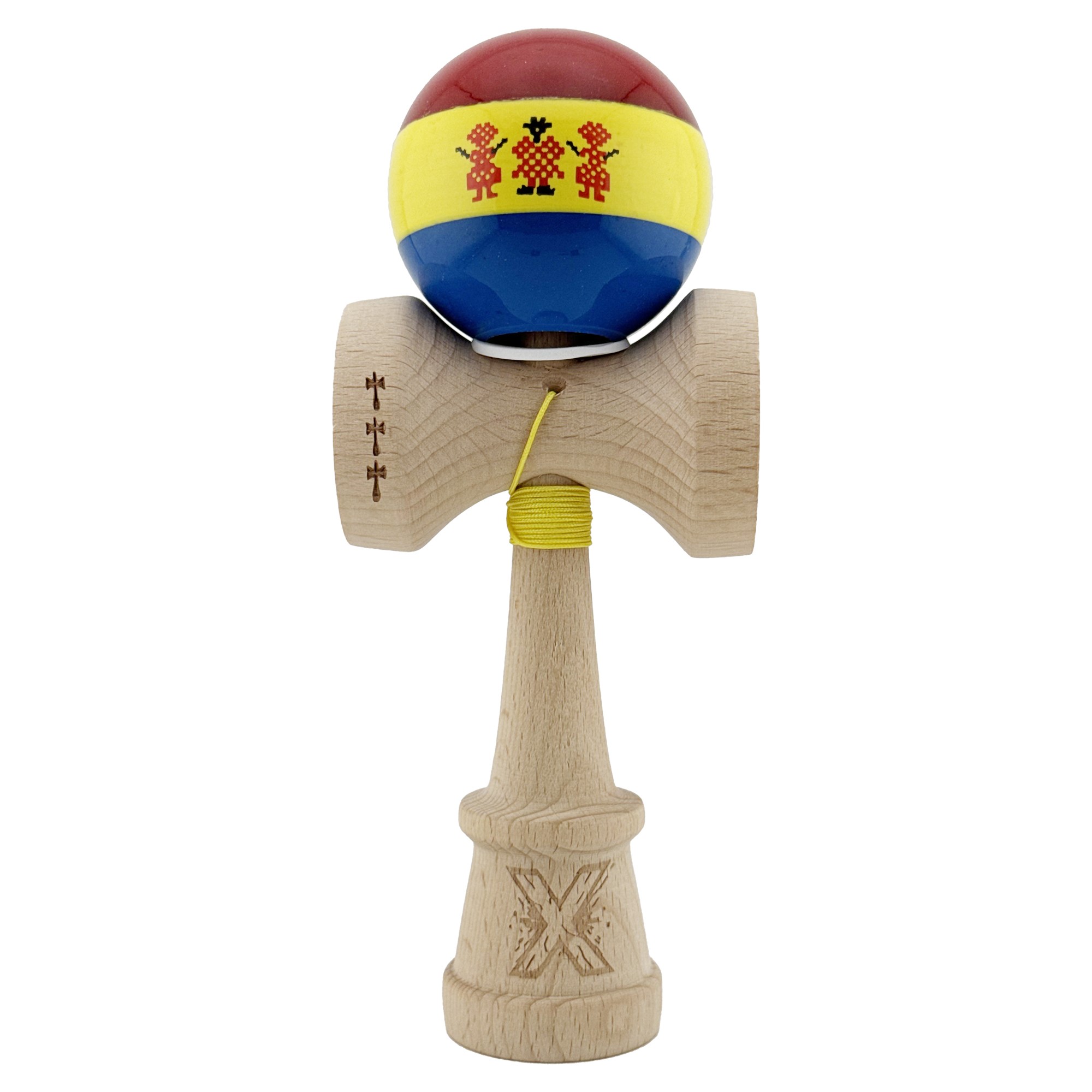 Kendama X Originala, Profesionala, Flippy, Tricolor Edition Stil Romanesc, Super Sticky cu Cupe Mari KING SIZE V3, Rulment Metalic si Gaura in Baza, din Lemn 18 cm, Ata 62/65 cm, Multicolor