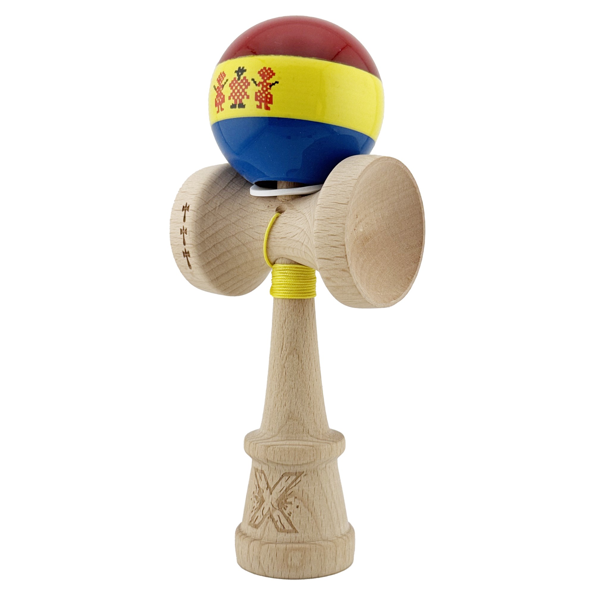 Kendama X Originala, Profesionala, Flippy, Tricolor Edition Stil Romanesc, Super Sticky cu Cupe Mari KING SIZE V3, Rulment Metalic si Gaura in Baza, din Lemn 18 cm, Ata 62/65 cm, Multicolor