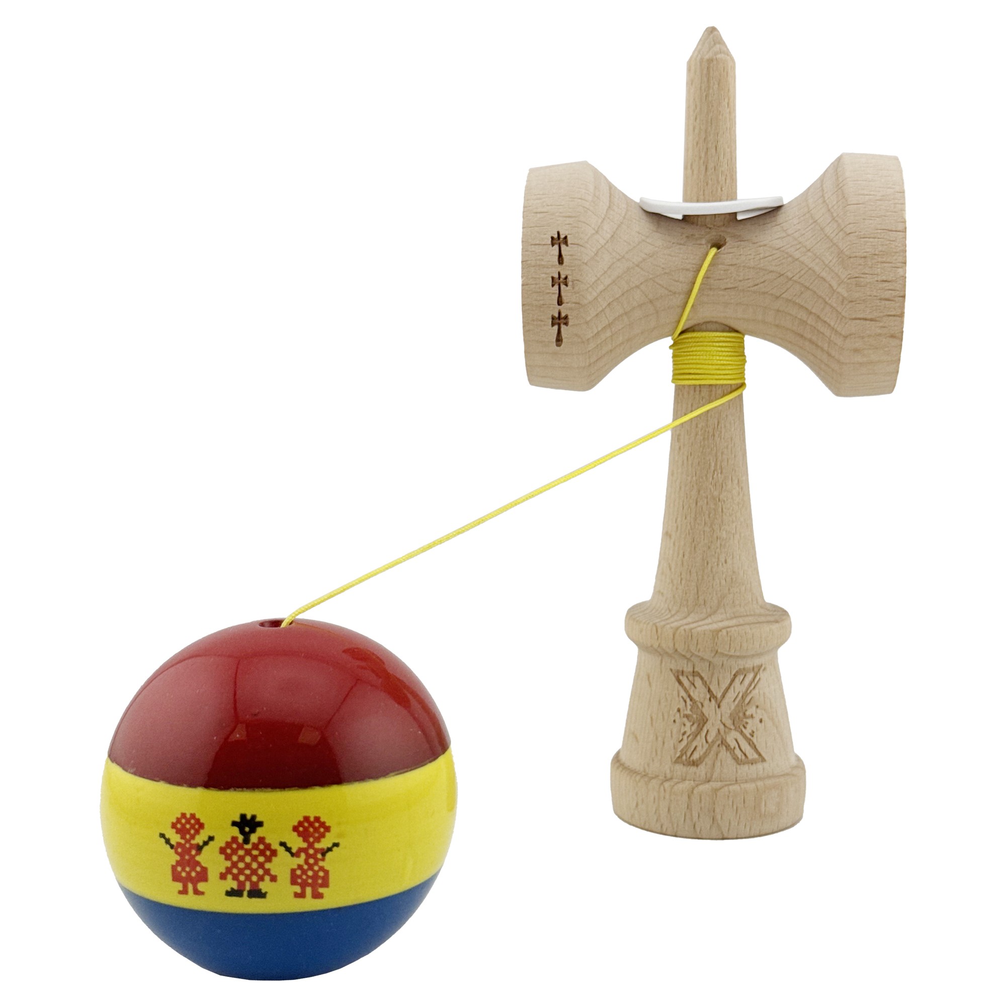 Kendama X Originala, Profesionala, Flippy, Tricolor Edition Stil Romanesc, Super Sticky cu Cupe Mari KING SIZE V3, Rulment Metalic si Gaura in Baza, din Lemn 18 cm, Ata 62/65 cm, Multicolor