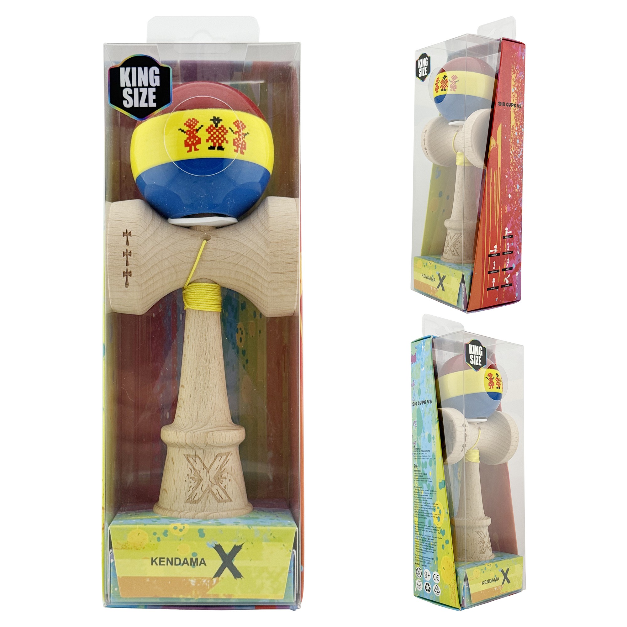 Kendama X Originala, Profesionala, Flippy, Tricolor Edition Stil Romanesc, Super Sticky cu Cupe Mari KING SIZE V3, Rulment Metalic si Gaura in Baza, din Lemn 18 cm, Ata 62/65 cm, Multicolor