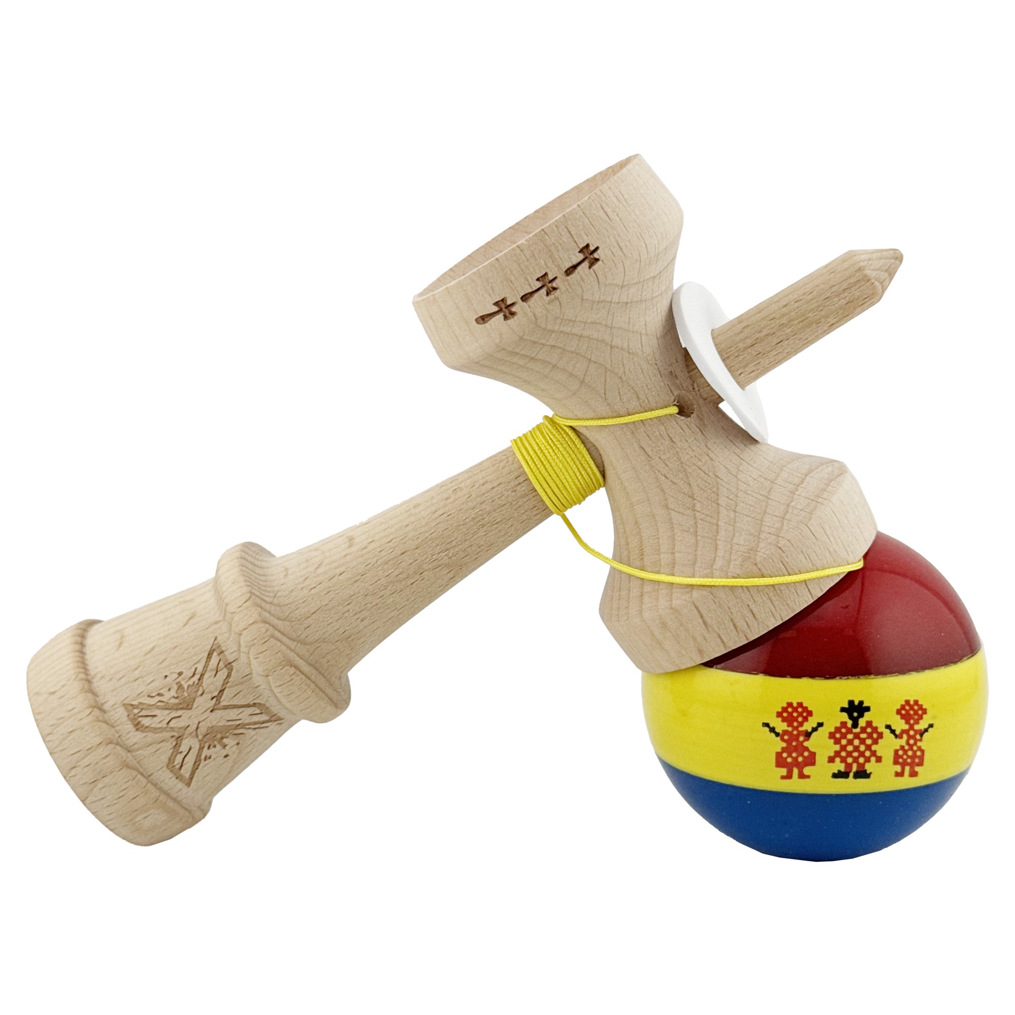 Kendama X Originala, Profesionala, Flippy, Tricolor Edition Stil Romanesc, Super Sticky cu Cupe Mari KING SIZE V3, Rulment Metalic si Gaura in Baza, din Lemn 18 cm, Ata 62/65 cm, Multicolor