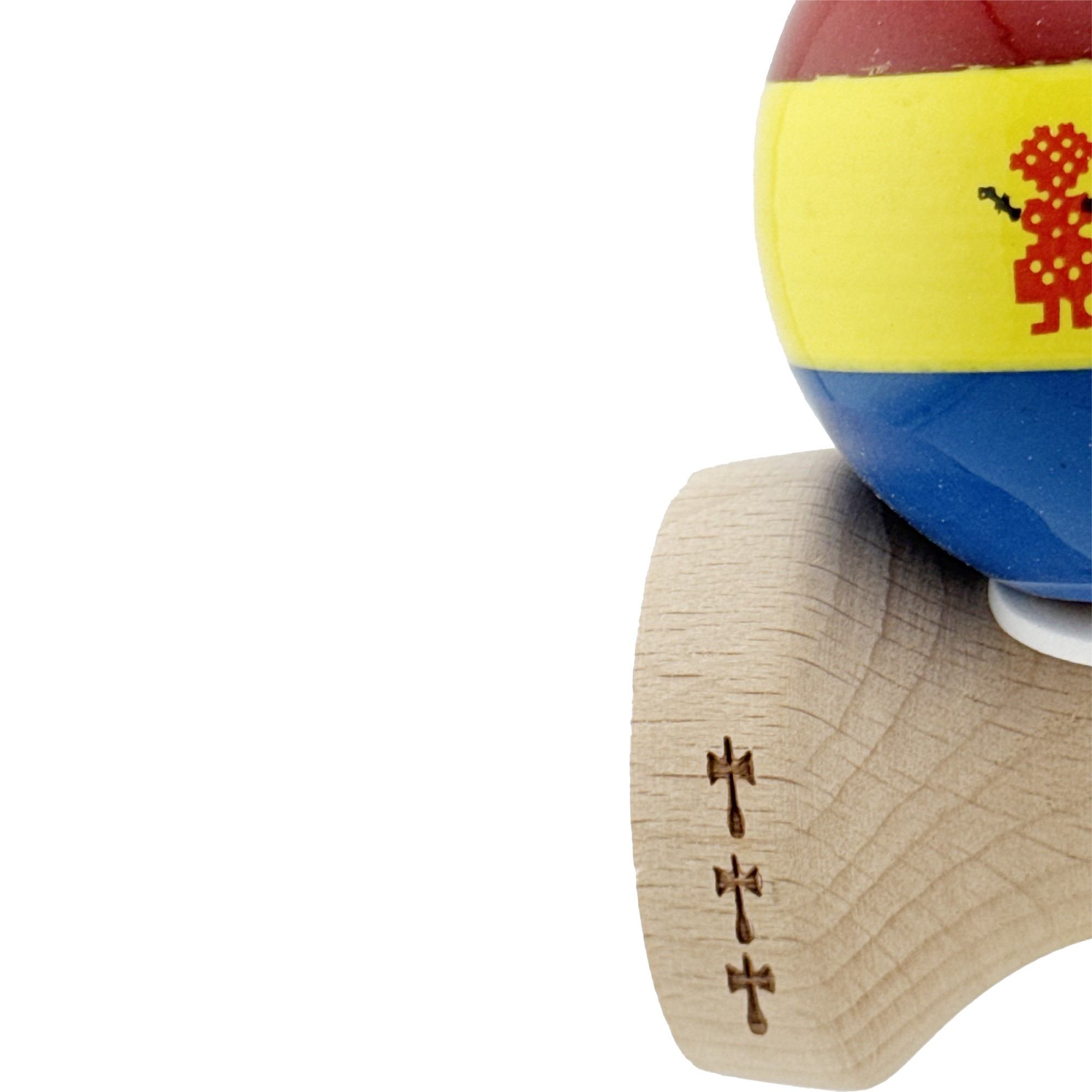 Kendama X Originala, Profesionala, Flippy, Tricolor Edition Stil Romanesc, Super Sticky cu Cupe Mari KING SIZE V3, Rulment Metalic si Gaura in Baza, din Lemn 18 cm, Ata 62/65 cm, Multicolor