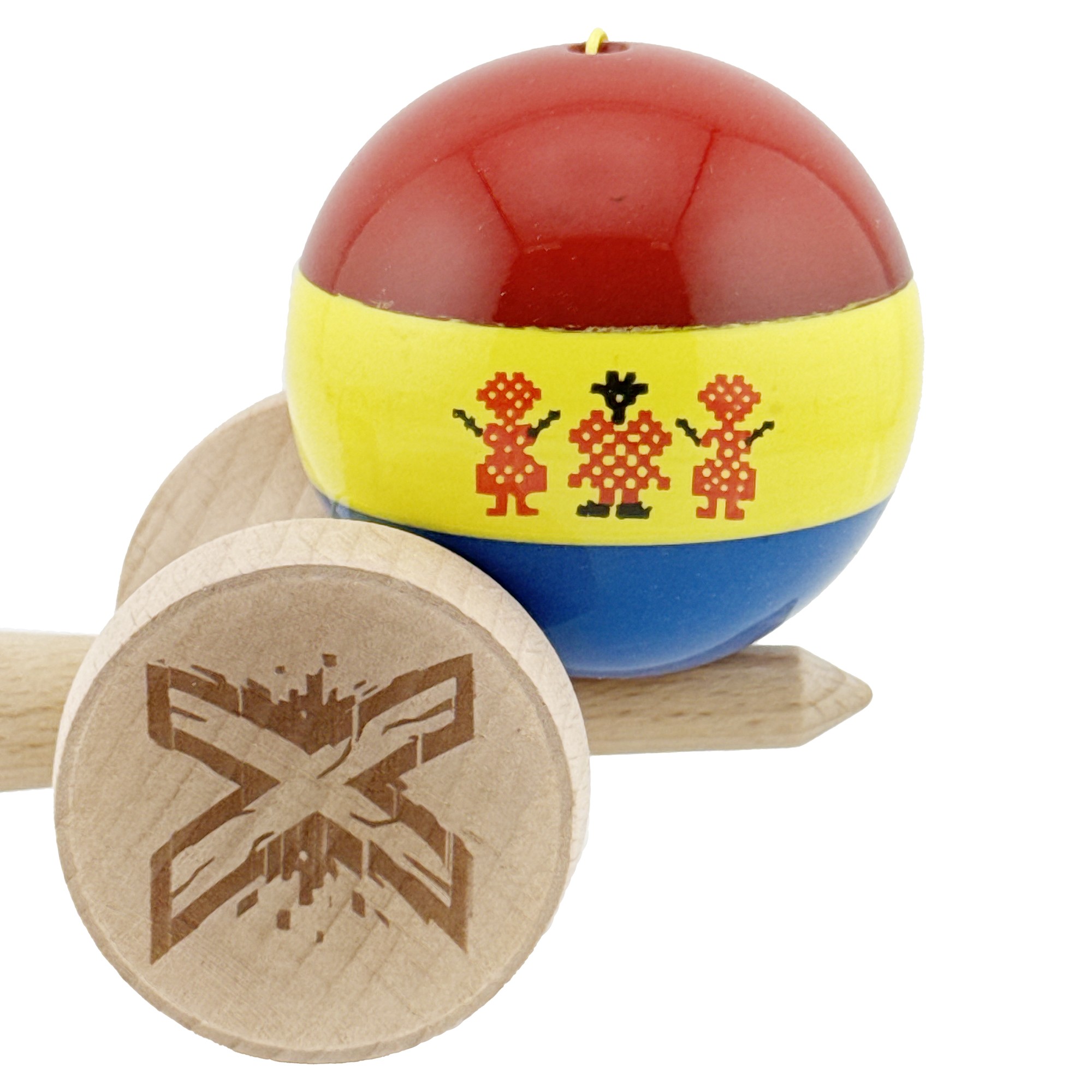 Kendama X Originala, Profesionala, Flippy, Tricolor Edition Stil Romanesc, Super Sticky cu Cupe Mari KING SIZE V3, Rulment Metalic si Gaura in Baza, din Lemn 18 cm, Ata 62/65 cm, Multicolor