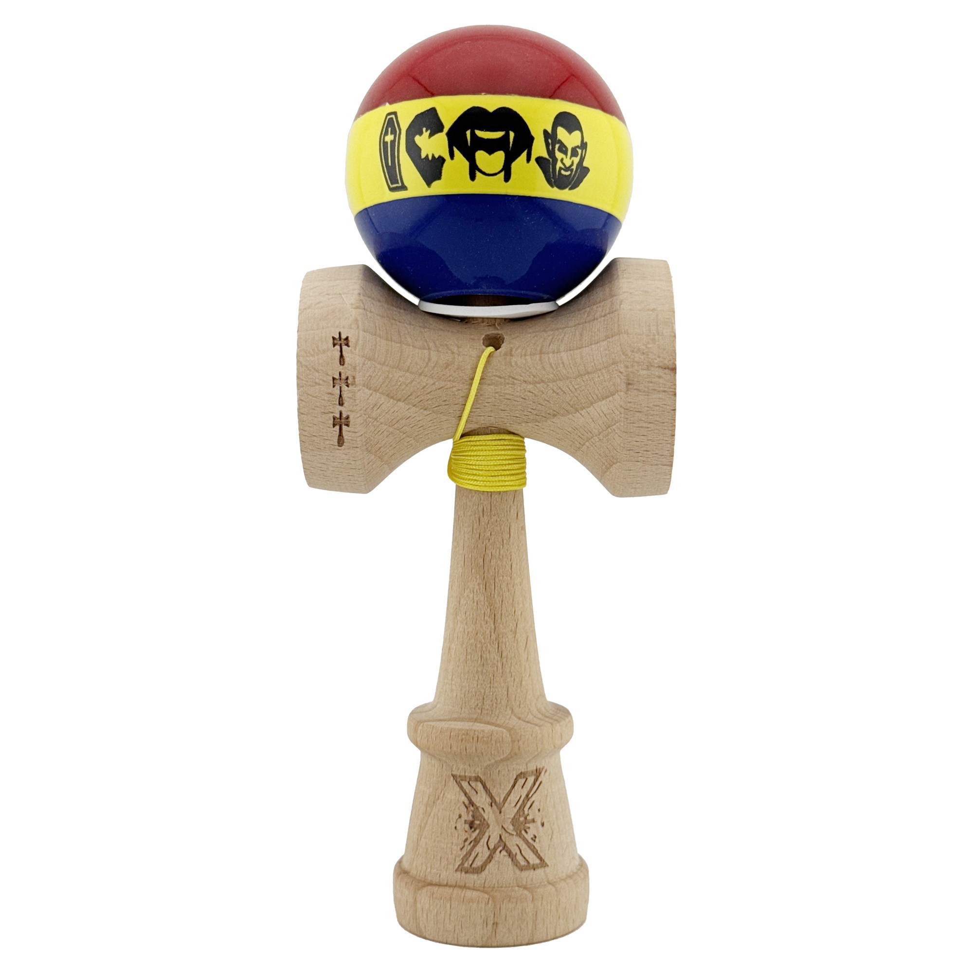 Kendama X Originala, Profesionala, Flippy, Tricolor Edition Vampir Dracula, Super Sticky cu Cupe Mari KING SIZE V3, Rulment Metalic si Gaura in Baza, din Lemn 18 cm, Ata 62/65 cm, Multicolor