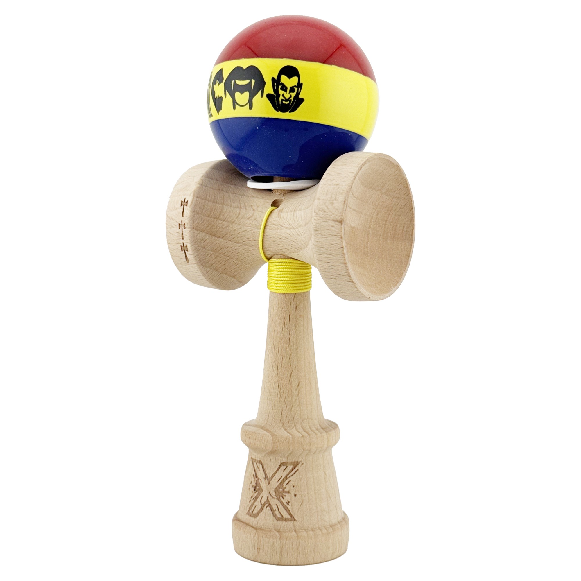 Kendama X Originala, Profesionala, Flippy, Tricolor Edition Vampir Dracula, Super Sticky cu Cupe Mari KING SIZE V3, Rulment Metalic si Gaura in Baza, din Lemn 18 cm, Ata 62/65 cm, Multicolor