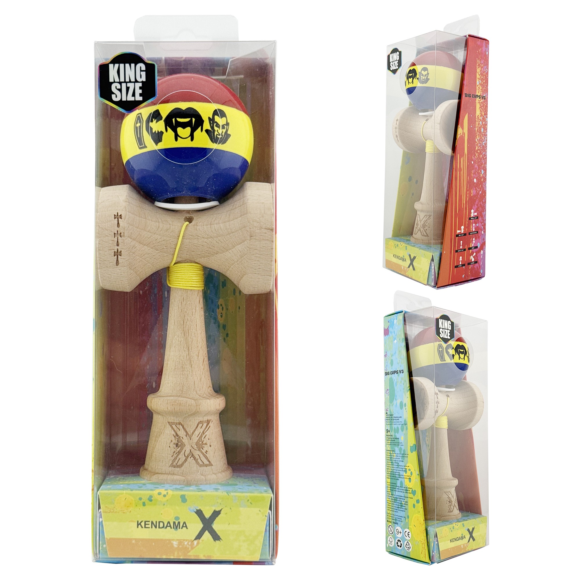 Kendama X Originala, Profesionala, Flippy, Tricolor Edition Vampir Dracula, Super Sticky cu Cupe Mari KING SIZE V3, Rulment Metalic si Gaura in Baza, din Lemn 18 cm, Ata 62/65 cm, Multicolor