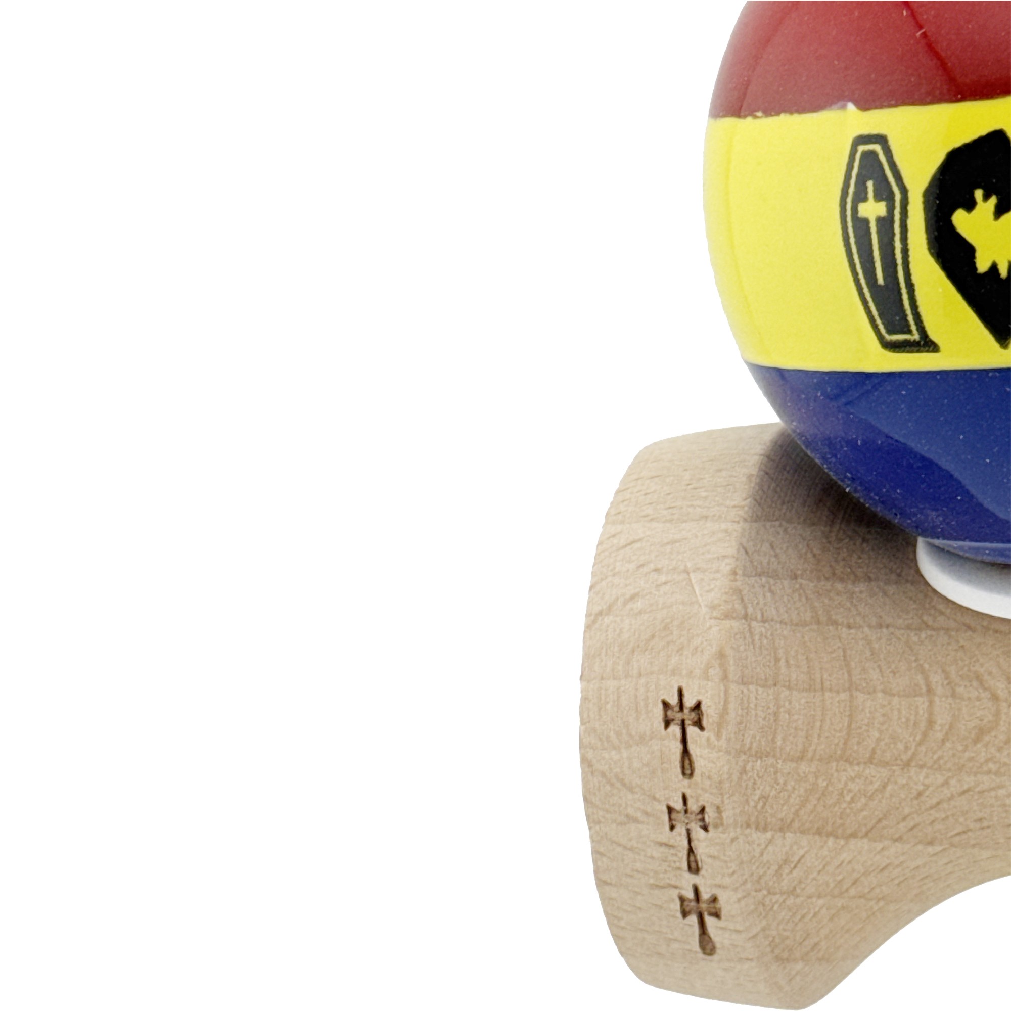 Kendama X Originala, Profesionala, Flippy, Tricolor Edition Vampir Dracula, Super Sticky cu Cupe Mari KING SIZE V3, Rulment Metalic si Gaura in Baza, din Lemn 18 cm, Ata 62/65 cm, Multicolor