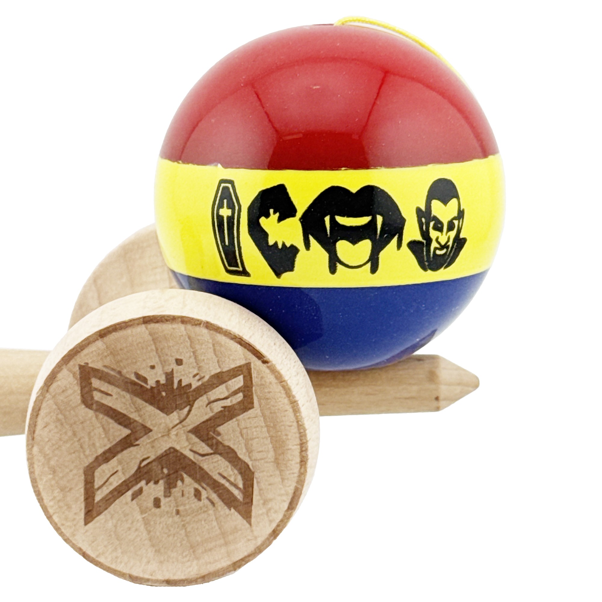Kendama X Originala, Profesionala, Flippy, Tricolor Edition Vampir Dracula, Super Sticky cu Cupe Mari KING SIZE V3, Rulment Metalic si Gaura in Baza, din Lemn 18 cm, Ata 62/65 cm, Multicolor