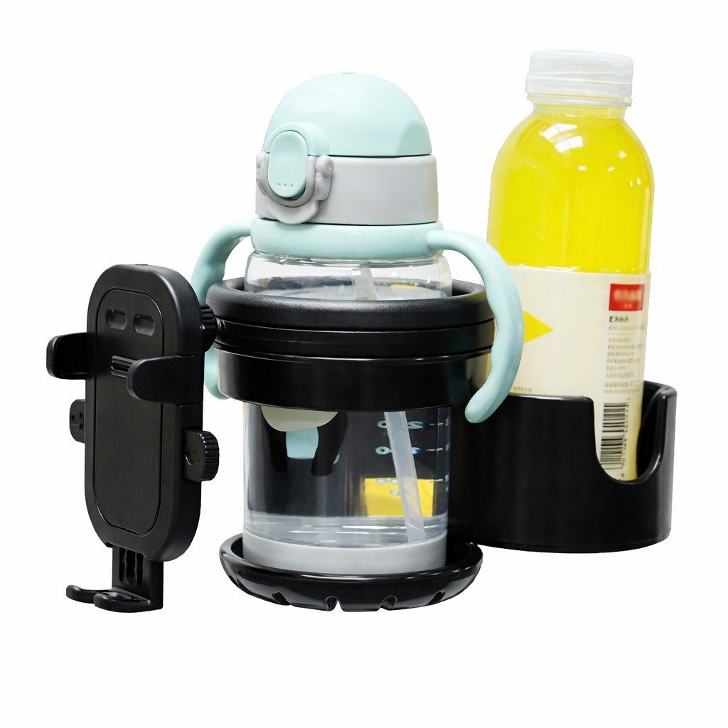 Suport Universal 3in1, Flippy, pentru Carucior, Biciclete, Masina, din ABS, 1 Suport Telefon si 2 Suporturi Pahare, Rotire 360°, Negru