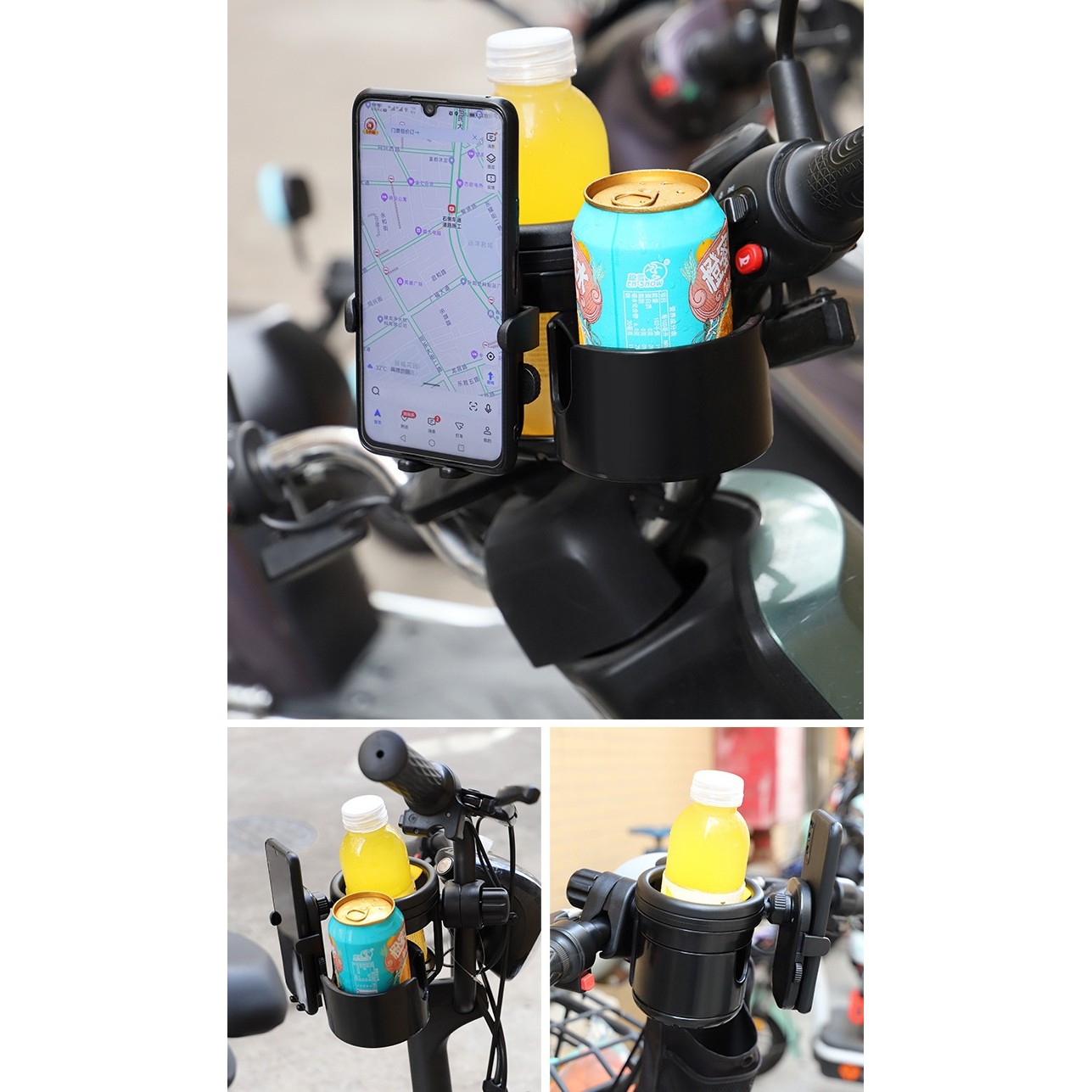 Suport Universal 3in1, Flippy, pentru Carucior, Biciclete, Masina, din ABS, 1 Suport Telefon si 2 Suporturi Pahare, Rotire 360°, Negru