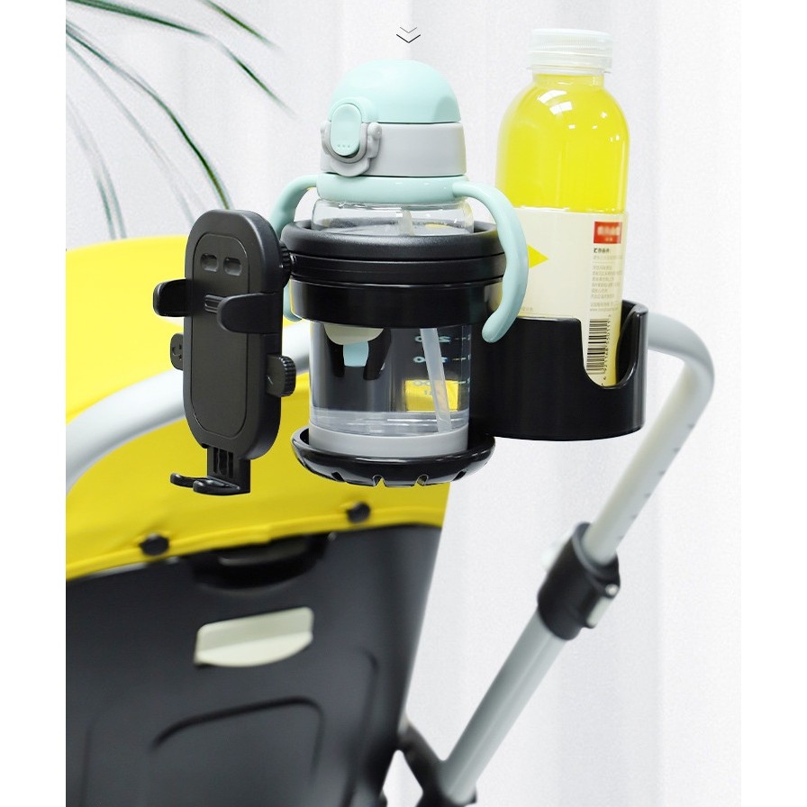 Suport Universal 3in1, Flippy, pentru Carucior, Biciclete, Masina, din ABS, 1 Suport Telefon si 2 Suporturi Pahare, Rotire 360°, Negru