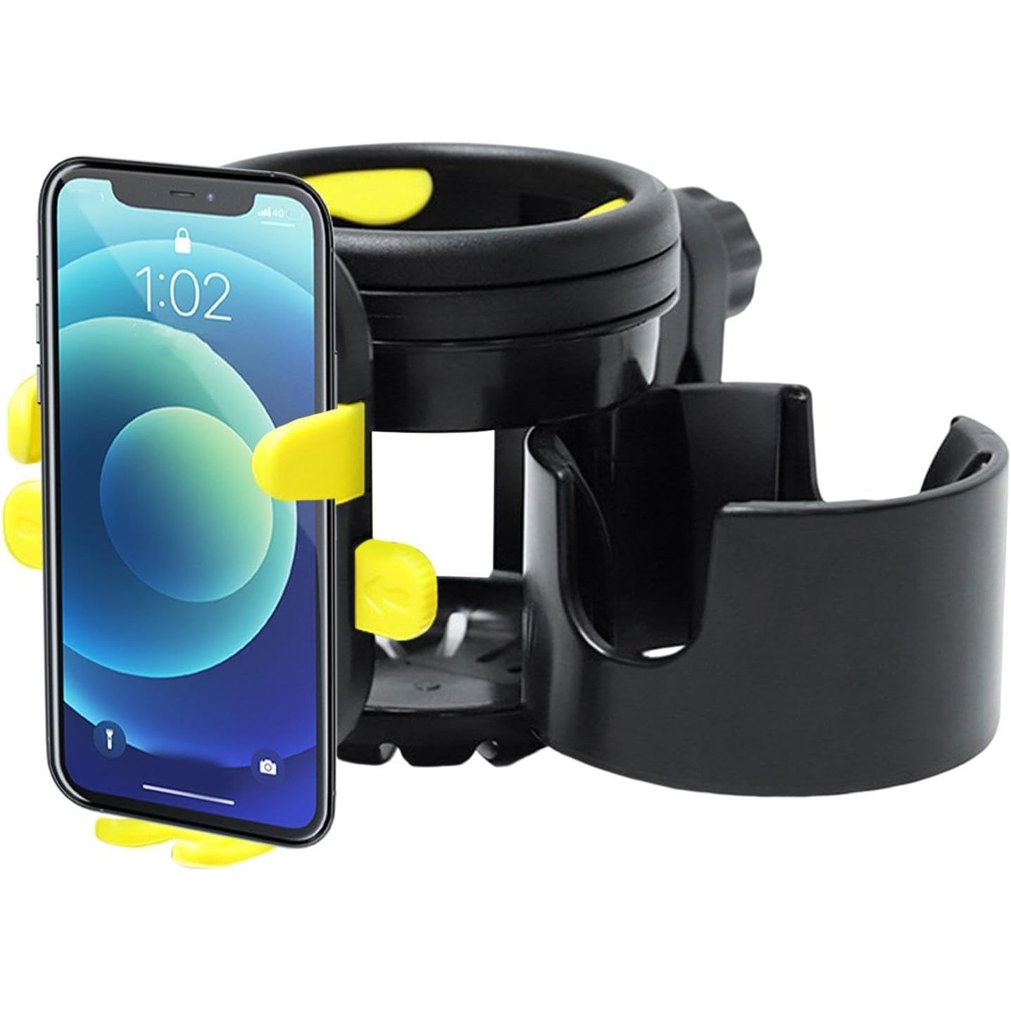 Suport Universal 3in1, Flippy, pentru Carucior, Biciclete, Masina, din ABS, 1 Suport Telefon si 2 Suporturi Pahare, Rotire 360°, Negru/Galben