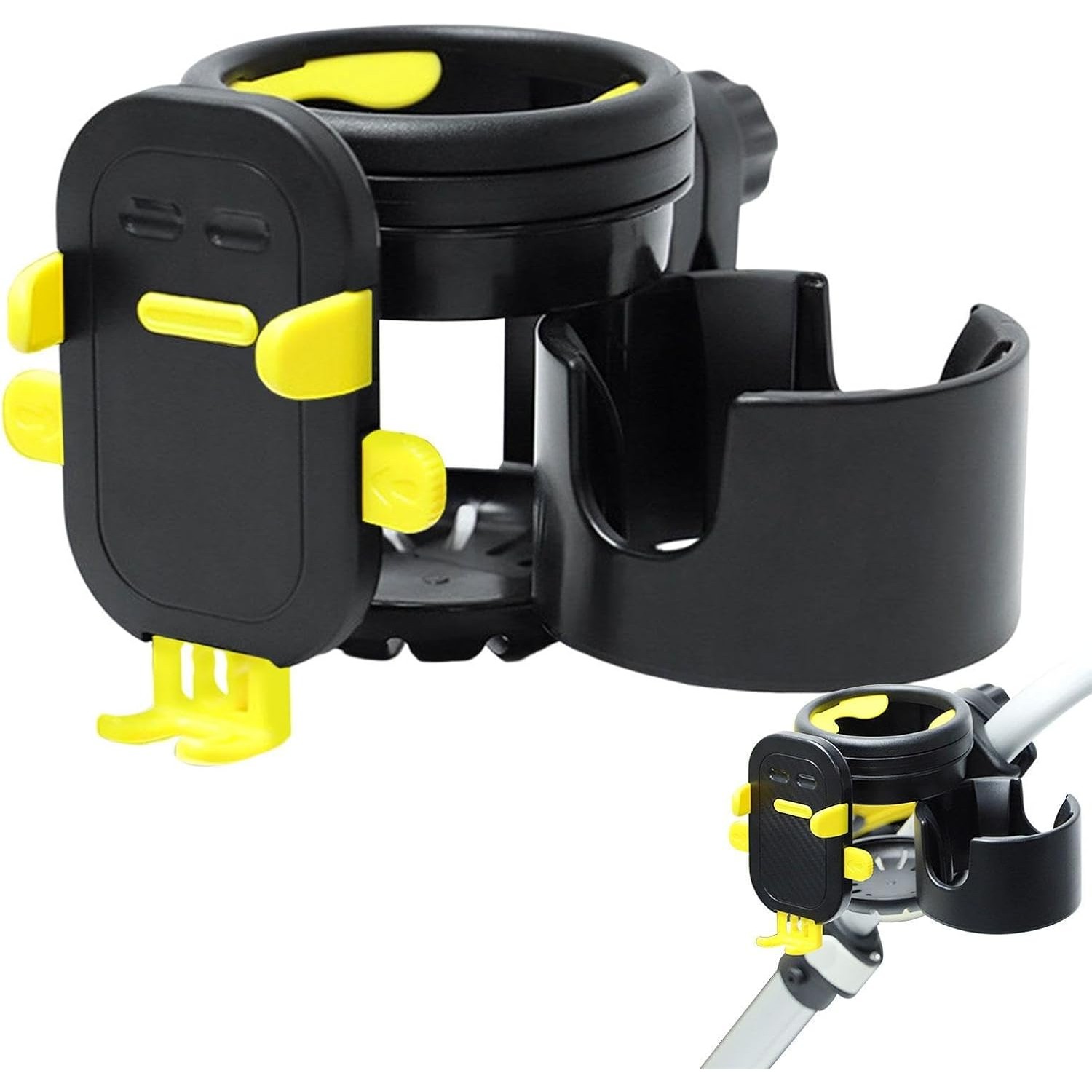 Suport Universal 3in1, Flippy, pentru Carucior, Biciclete, Masina, din ABS, 1 Suport Telefon si 2 Suporturi Pahare, Rotire 360°, Negru/Galben