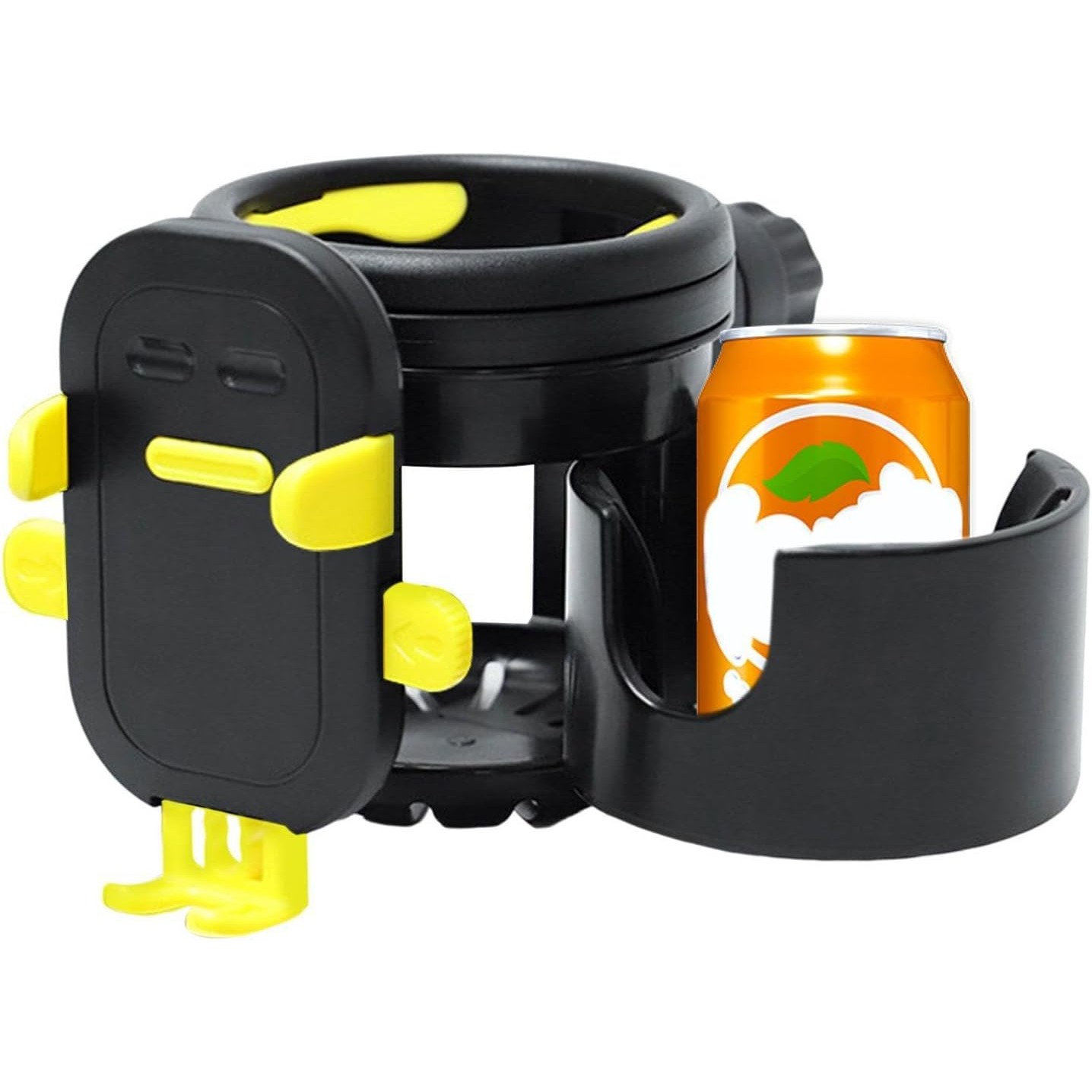 Suport Universal 3in1, Flippy, pentru Carucior, Biciclete, Masina, din ABS, 1 Suport Telefon si 2 Suporturi Pahare, Rotire 360°, Negru/Galben