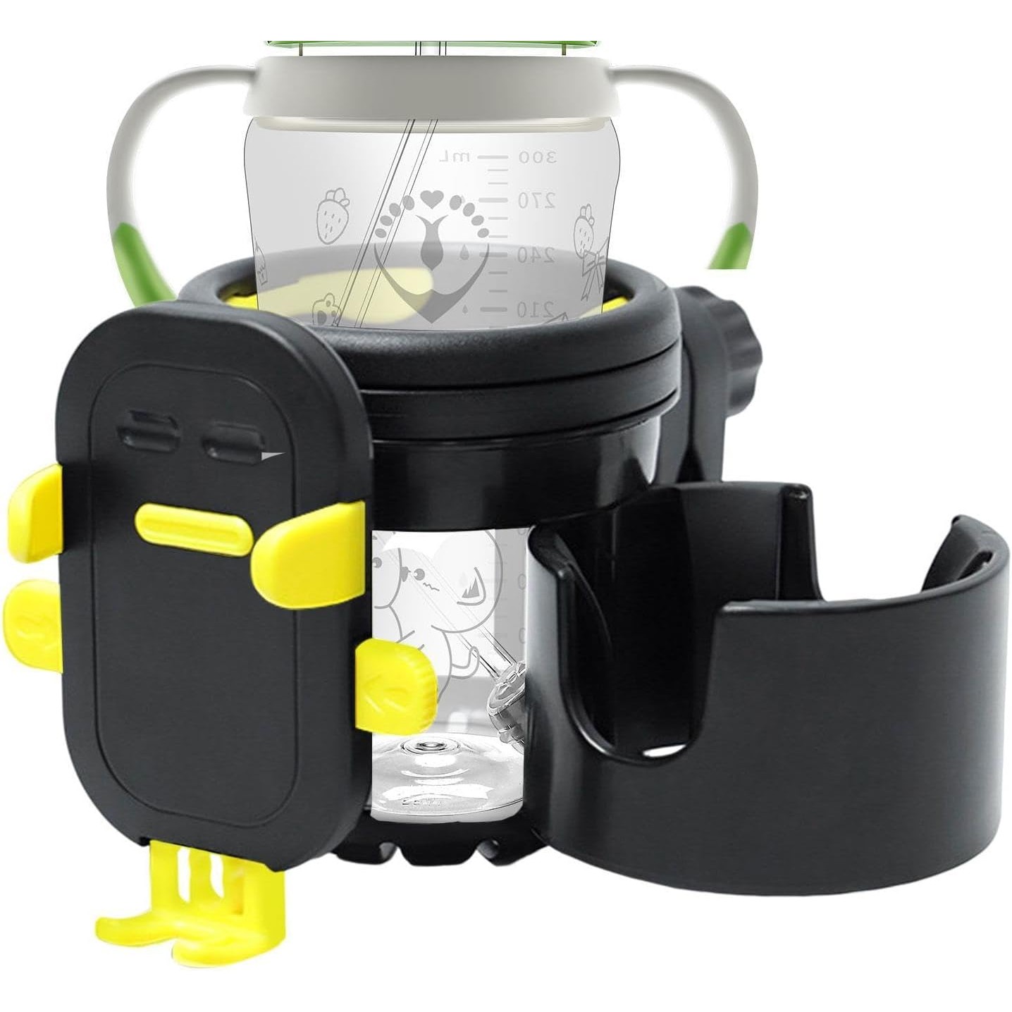 Suport Universal 3in1, Flippy, pentru Carucior, Biciclete, Masina, din ABS, 1 Suport Telefon si 2 Suporturi Pahare, Rotire 360°, Negru/Galben