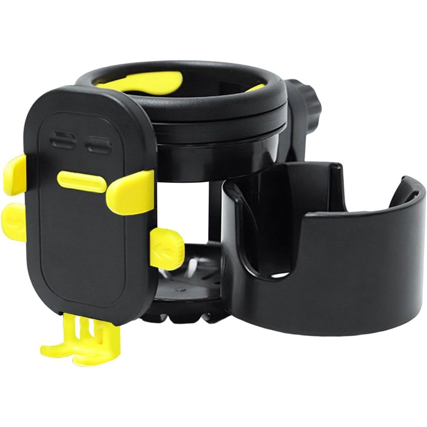 Suport Universal 3in1, Flippy, pentru Carucior, Biciclete, Masina, din ABS, 1 Suport Telefon si 2 Suporturi Pahare, Rotire 360°, Negru/Galben
