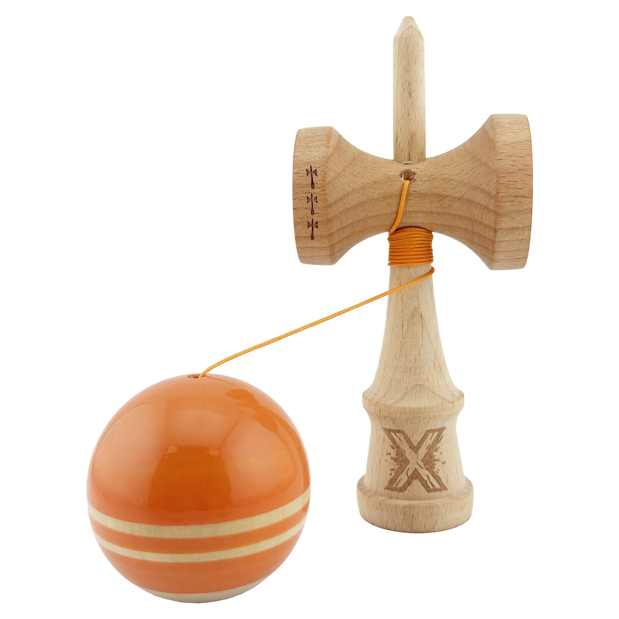 Kendama X Rainbow Originala, Profesionala, Flippy, Big Cups V2, Super Sticky cu Cupe Mari, Rulment Metalic, din lemn 18 cm, Ata 55 cm, Portocaliu/Maro