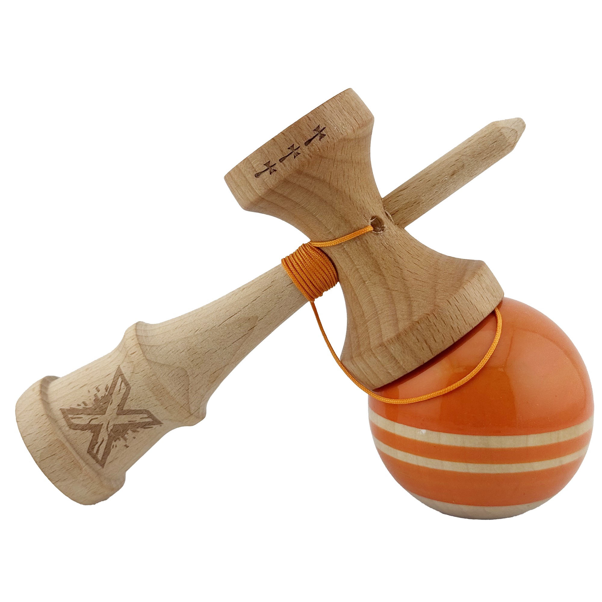 Kendama X Rainbow Originala, Profesionala, Flippy, Big Cups V2, Super Sticky cu Cupe Mari, Rulment Metalic, din lemn 18 cm, Ata 55 cm, Portocaliu/Maro