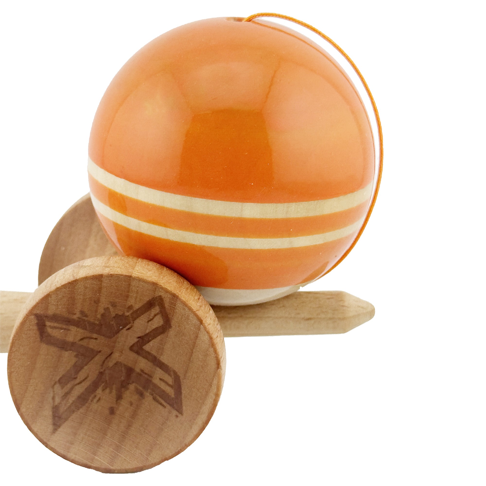 Kendama X Rainbow Originala, Profesionala, Flippy, Big Cups V2, Super Sticky cu Cupe Mari, Rulment Metalic, din lemn 18 cm, Ata 55 cm, Portocaliu/Maro