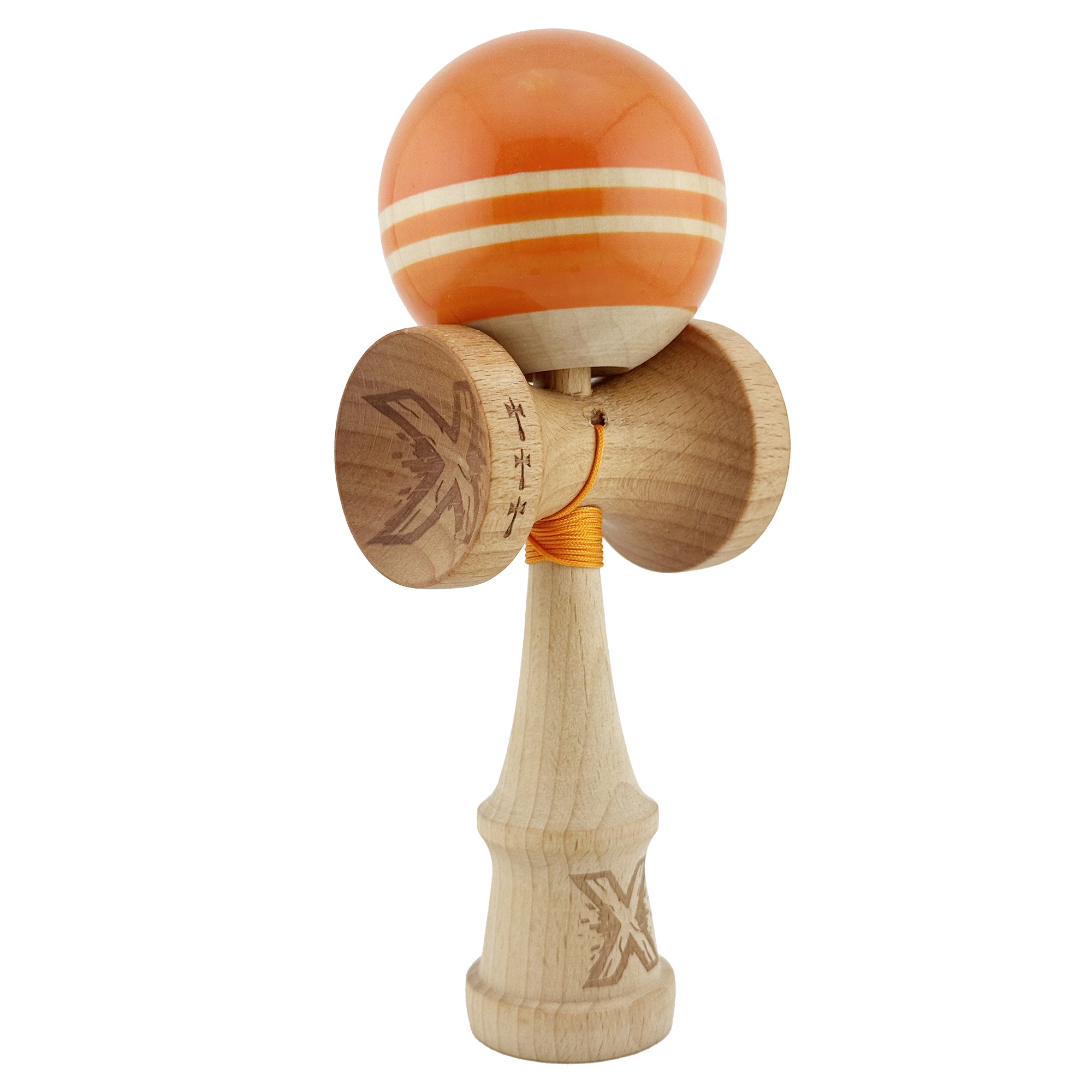Kendama X Rainbow Originala, Profesionala, Flippy, Big Cups V2, Super Sticky cu Cupe Mari, Rulment Metalic, din lemn 18 cm, Ata 55 cm, Portocaliu/Maro