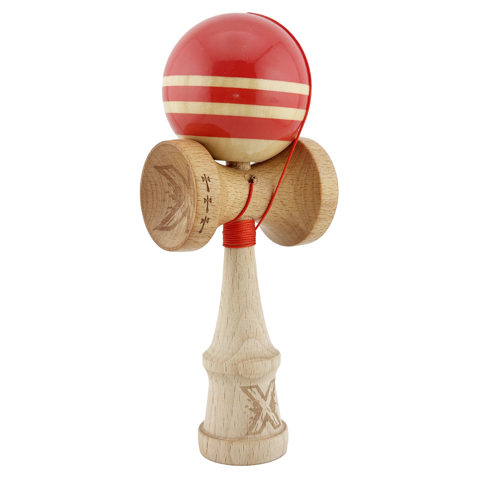 Kendama X Rainbow Originala, Profesionala, Flippy, Big Cups V2, Super Sticky cu Cupe Mari, Rulment Metalic, din lemn 18 cm, Ata 55 cm, Rosu/Maro