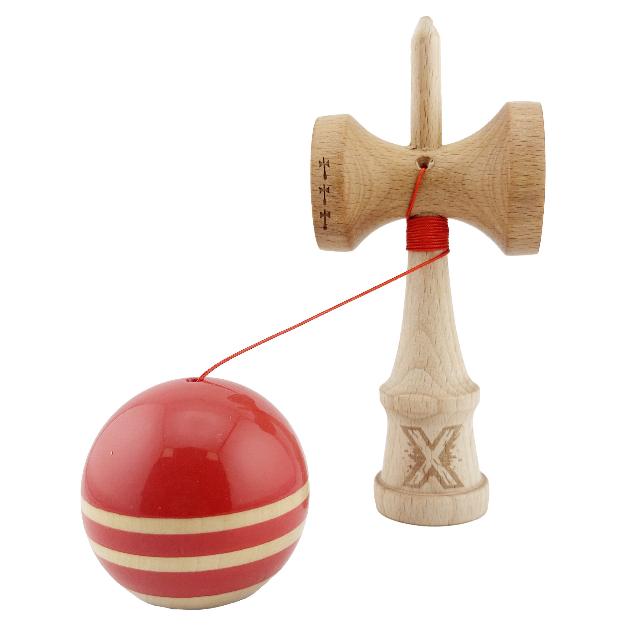 Kendama X Rainbow Originala, Profesionala, Flippy, Big Cups V2, Super Sticky cu Cupe Mari, Rulment Metalic, din lemn 18 cm, Ata 55 cm, Rosu/Maro