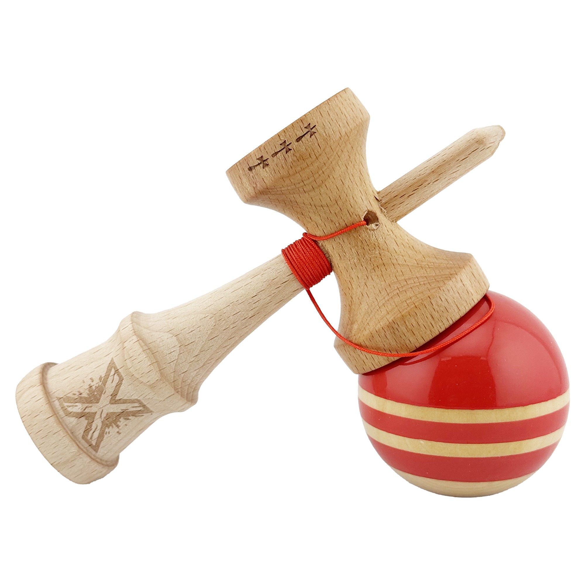 Kendama X Rainbow Originala, Profesionala, Flippy, Big Cups V2, Super Sticky cu Cupe Mari, Rulment Metalic, din lemn 18 cm, Ata 55 cm, Rosu/Maro