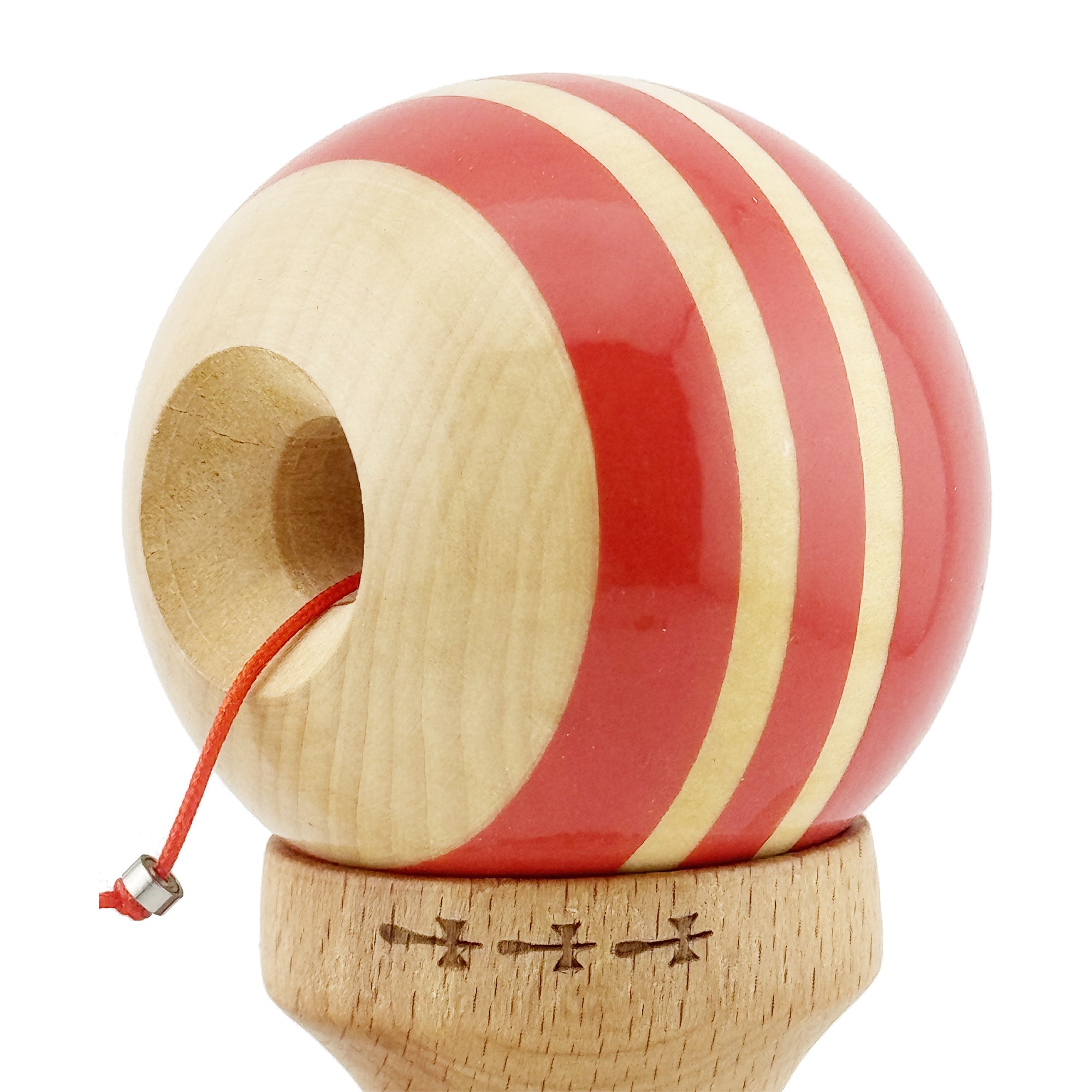 Kendama X Rainbow Originala, Profesionala, Flippy, Big Cups V2, Super Sticky cu Cupe Mari, Rulment Metalic, din lemn 18 cm, Ata 55 cm, Rosu/Maro