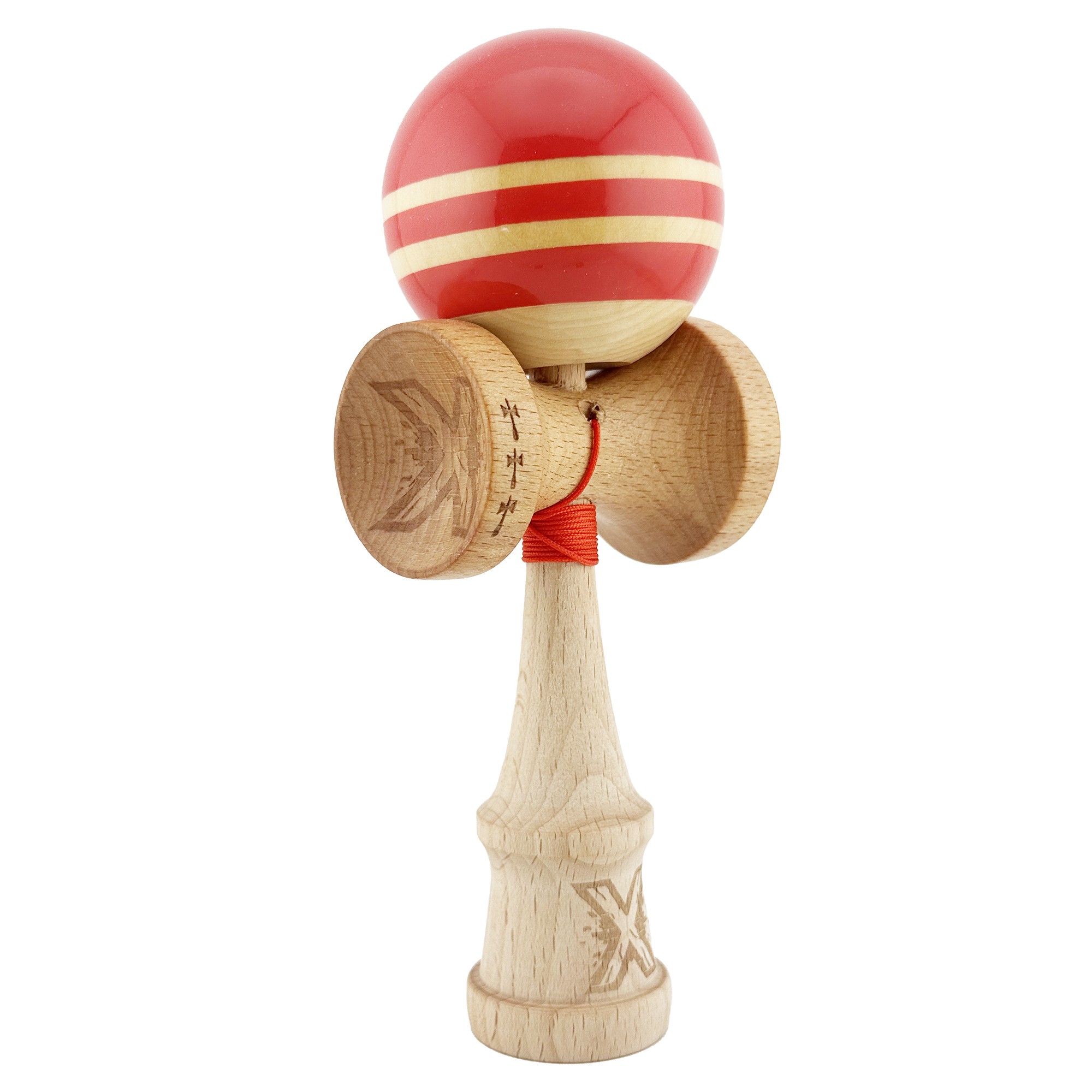Kendama X Rainbow Originala, Profesionala, Flippy, Big Cups V2, Super Sticky cu Cupe Mari, Rulment Metalic, din lemn 18 cm, Ata 55 cm, Rosu/Maro