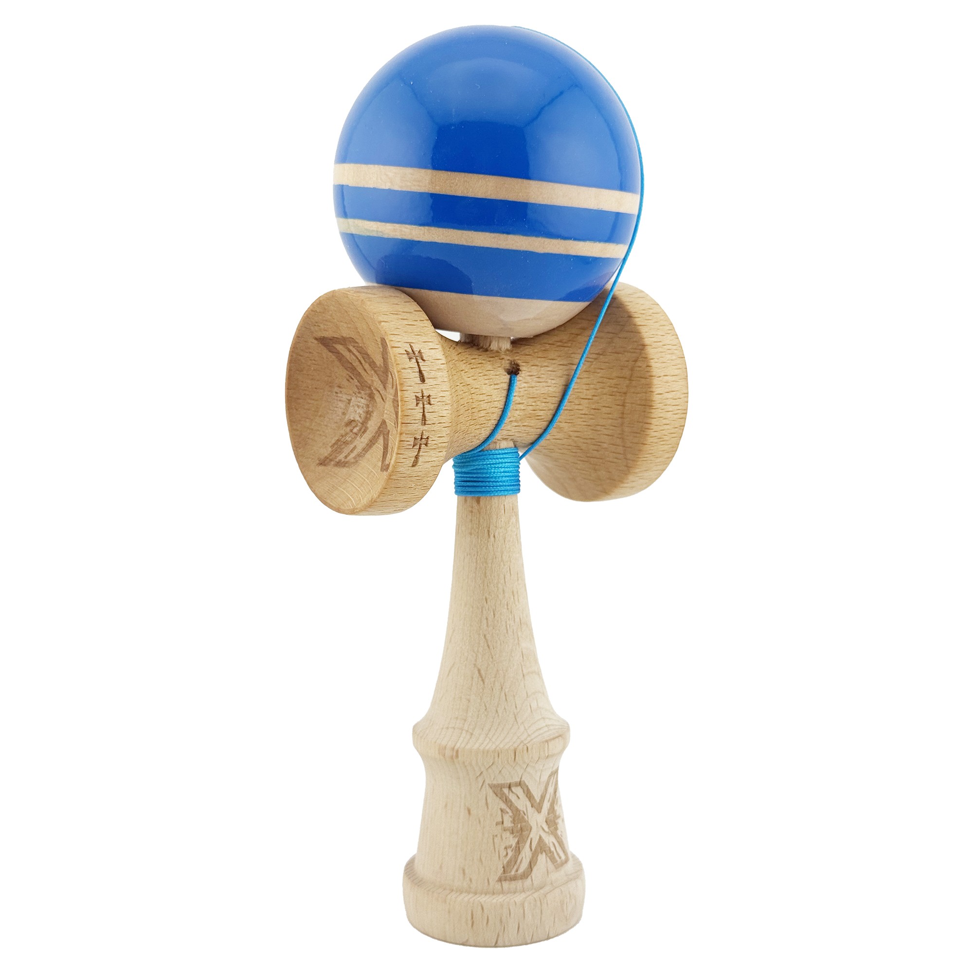 Kendama X Rainbow Originala, Profesionala, Flippy, Big Cups V2, Super Sticky cu Cupe Mari, Rulment Metalic, din lemn 18 cm, Ata 55 cm, Albastru/Maro