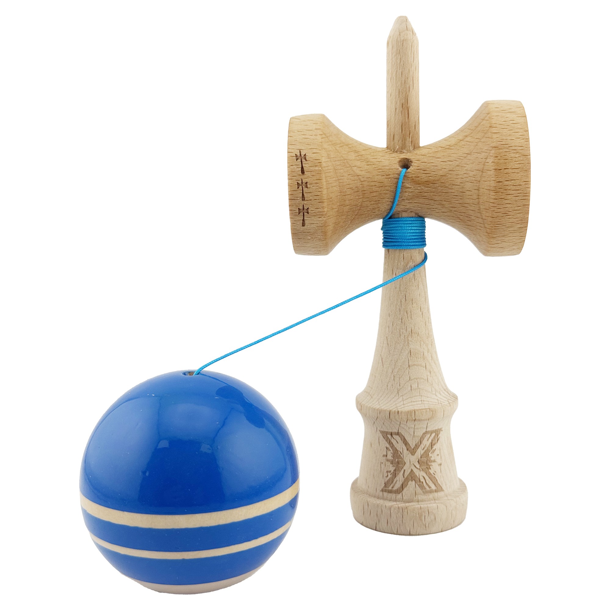 Kendama X Rainbow Originala, Profesionala, Flippy, Big Cups V2, Super Sticky cu Cupe Mari, Rulment Metalic, din lemn 18 cm, Ata 55 cm, Albastru/Maro