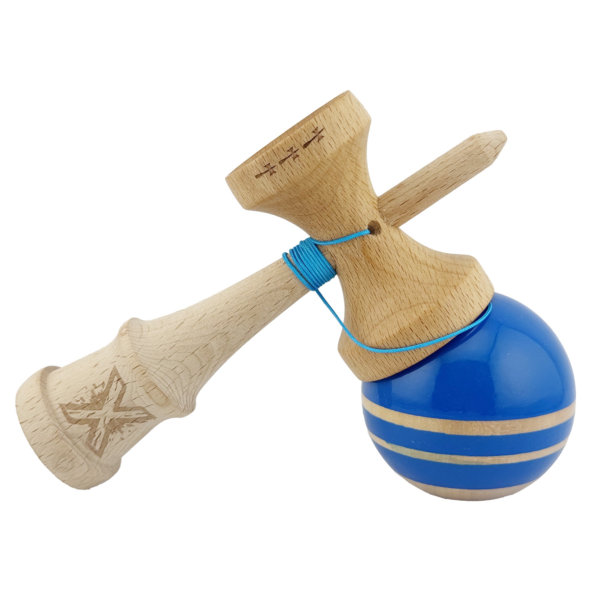 Kendama X Rainbow Originala, Profesionala, Flippy, Big Cups V2, Super Sticky cu Cupe Mari, Rulment Metalic, din lemn 18 cm, Ata 55 cm, Albastru/Maro