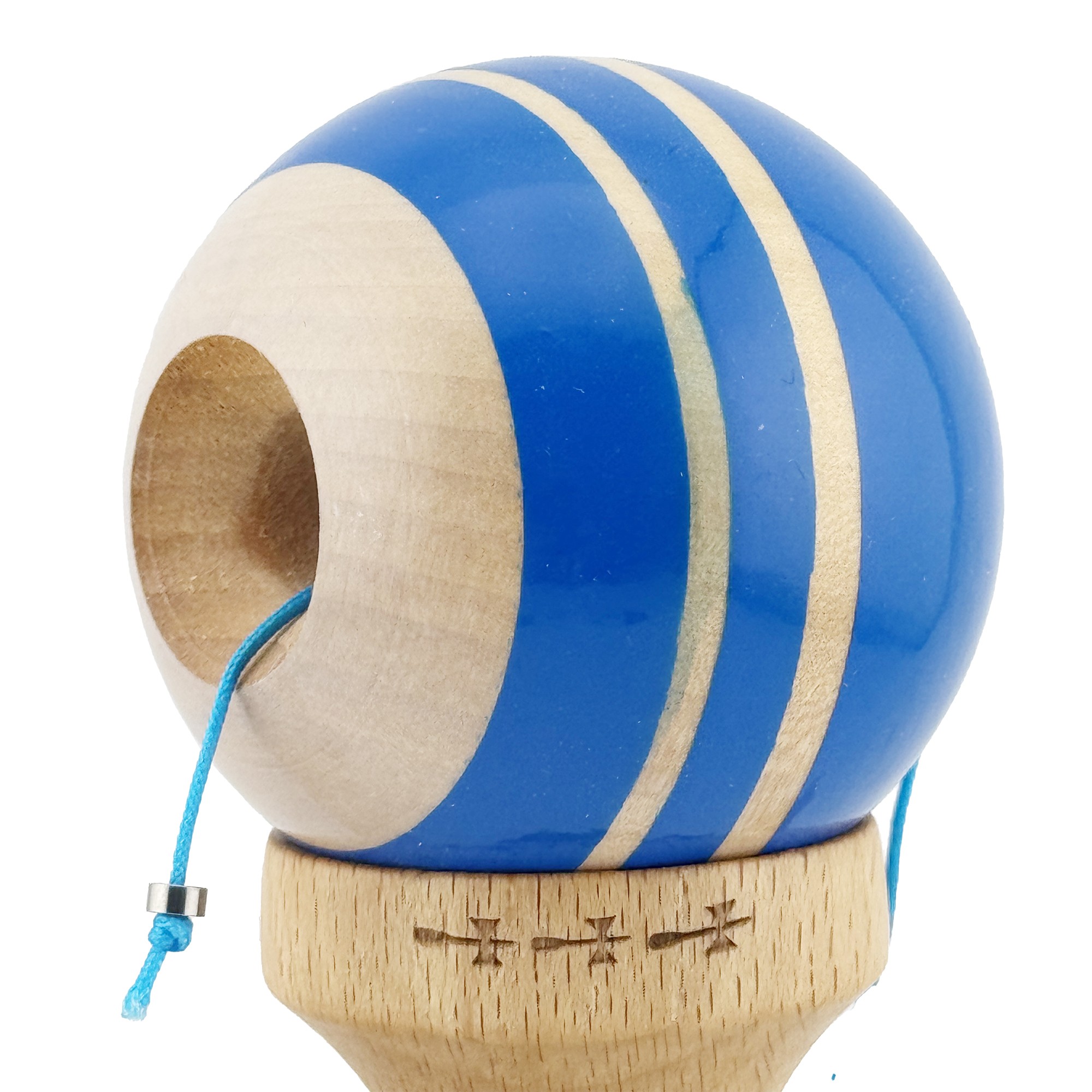 Kendama X Rainbow Originala, Profesionala, Flippy, Big Cups V2, Super Sticky cu Cupe Mari, Rulment Metalic, din lemn 18 cm, Ata 55 cm, Albastru/Maro