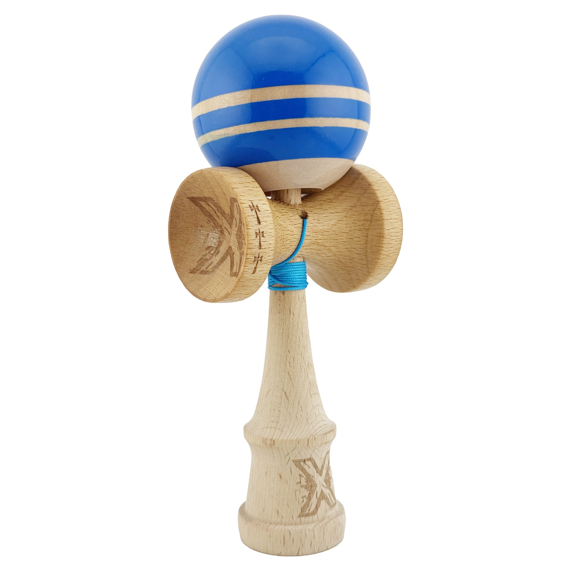 Kendama X Rainbow Originala, Profesionala, Flippy, Big Cups V2, Super Sticky cu Cupe Mari, Rulment Metalic, din lemn 18 cm, Ata 55 cm, Albastru/Maro