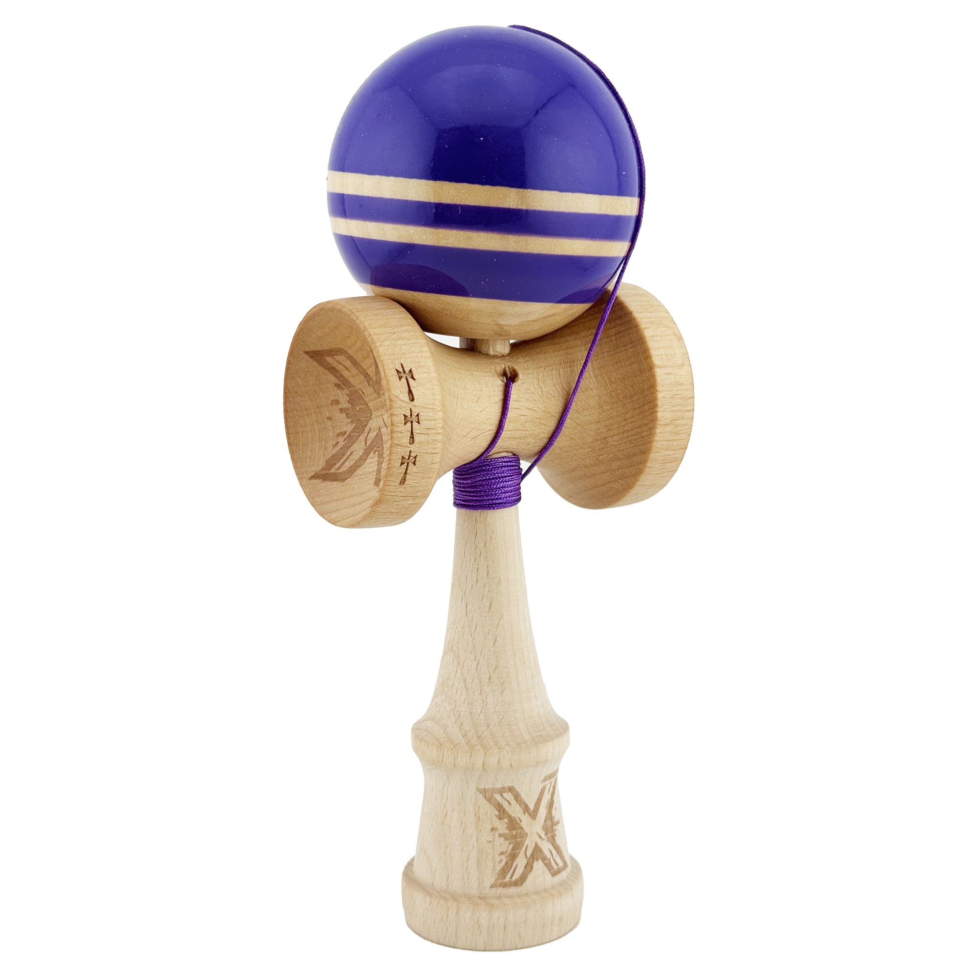 Kendama X Rainbow Originala, Profesionala, Flippy, Big Cups V2, Super Sticky cu Cupe Mari, Rulment Metalic, din lemn 18 cm, Ata 55 cm, Violet/Maro