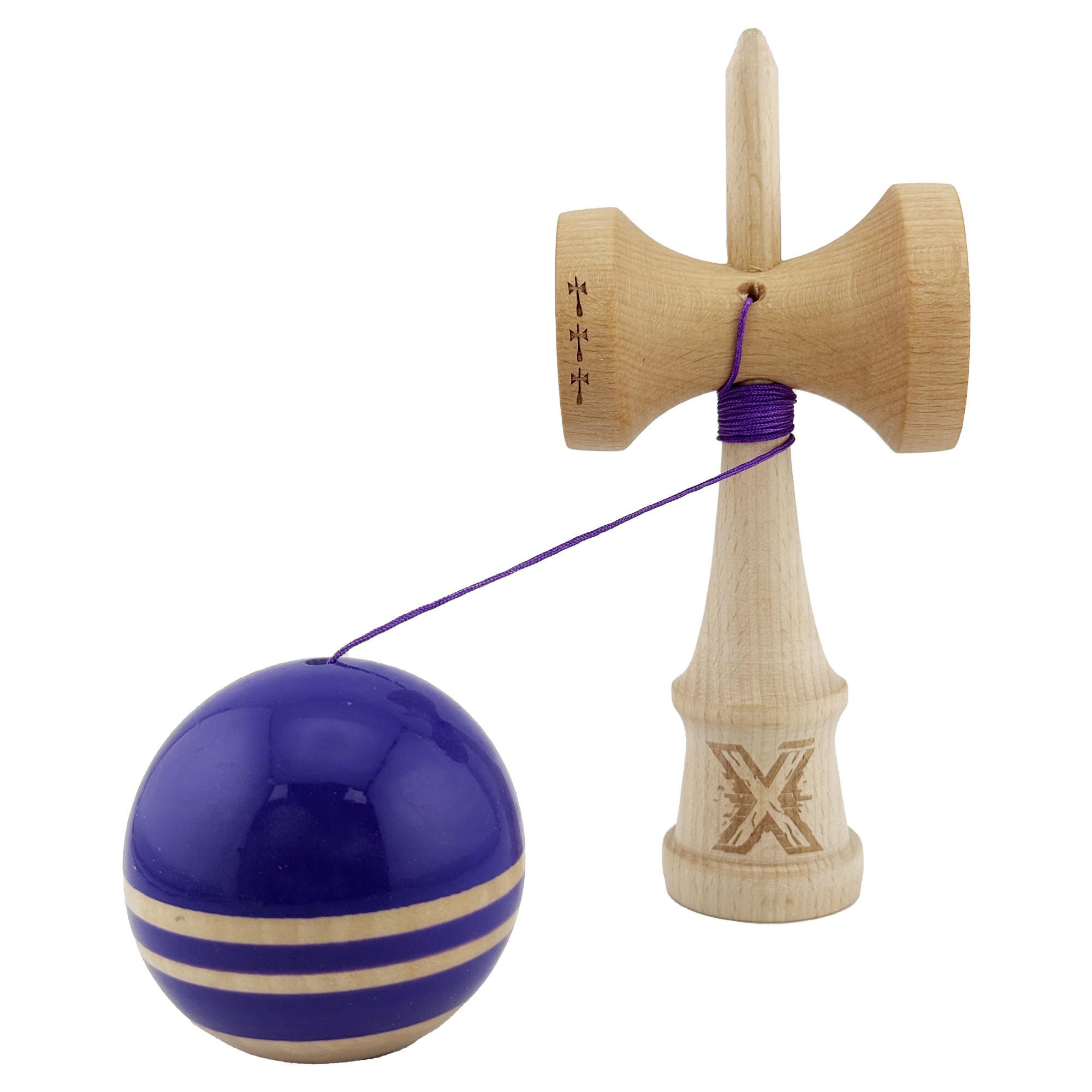 Kendama X Rainbow Originala, Profesionala, Flippy, Big Cups V2, Super Sticky cu Cupe Mari, Rulment Metalic, din lemn 18 cm, Ata 55 cm, Violet/Maro