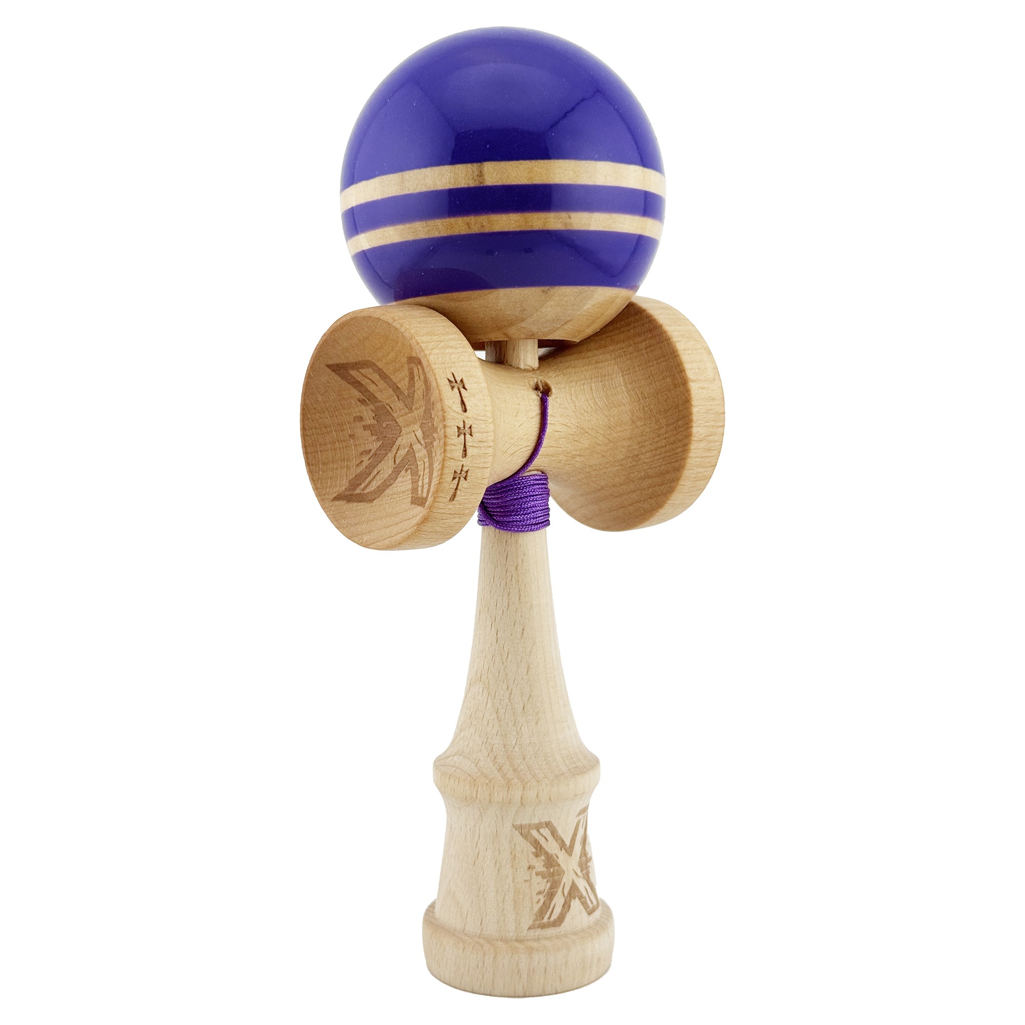 Kendama X Rainbow Originala, Profesionala, Flippy, Big Cups V2, Super Sticky cu Cupe Mari, Rulment Metalic, din lemn 18 cm, Ata 55 cm, Violet/Maro