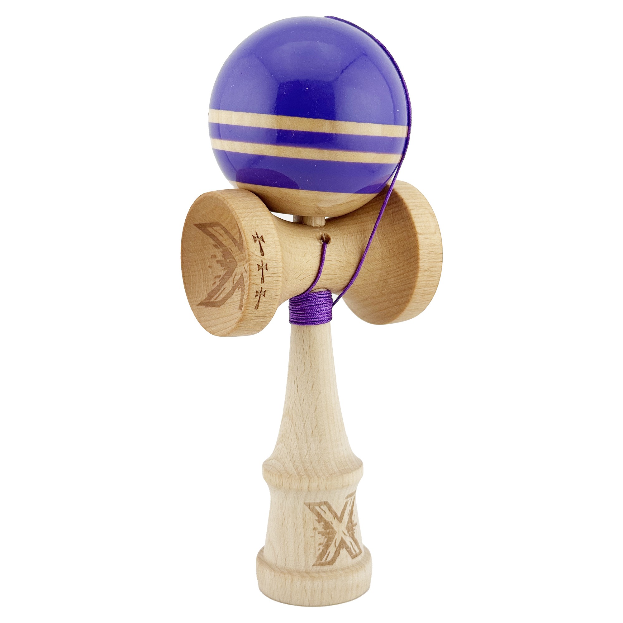 Kendama X Rainbow Originala, Profesionala, Flippy, Big Cups V2, Super Sticky cu Cupe Mari, Rulment Metalic, din lemn 18 cm, Ata 55 cm, Indigo/Maro