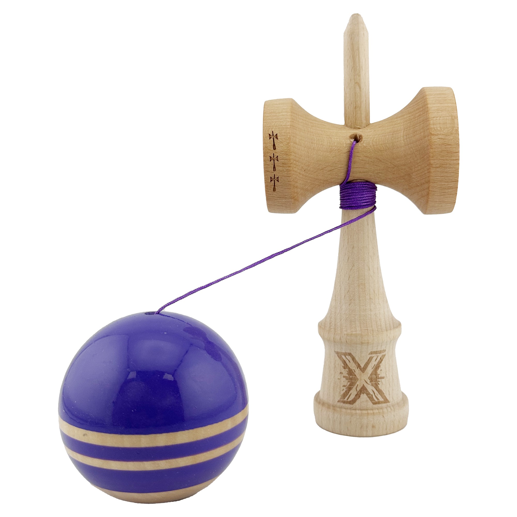 Kendama X Rainbow Originala, Profesionala, Flippy, Big Cups V2, Super Sticky cu Cupe Mari, Rulment Metalic, din lemn 18 cm, Ata 55 cm, Indigo/Maro