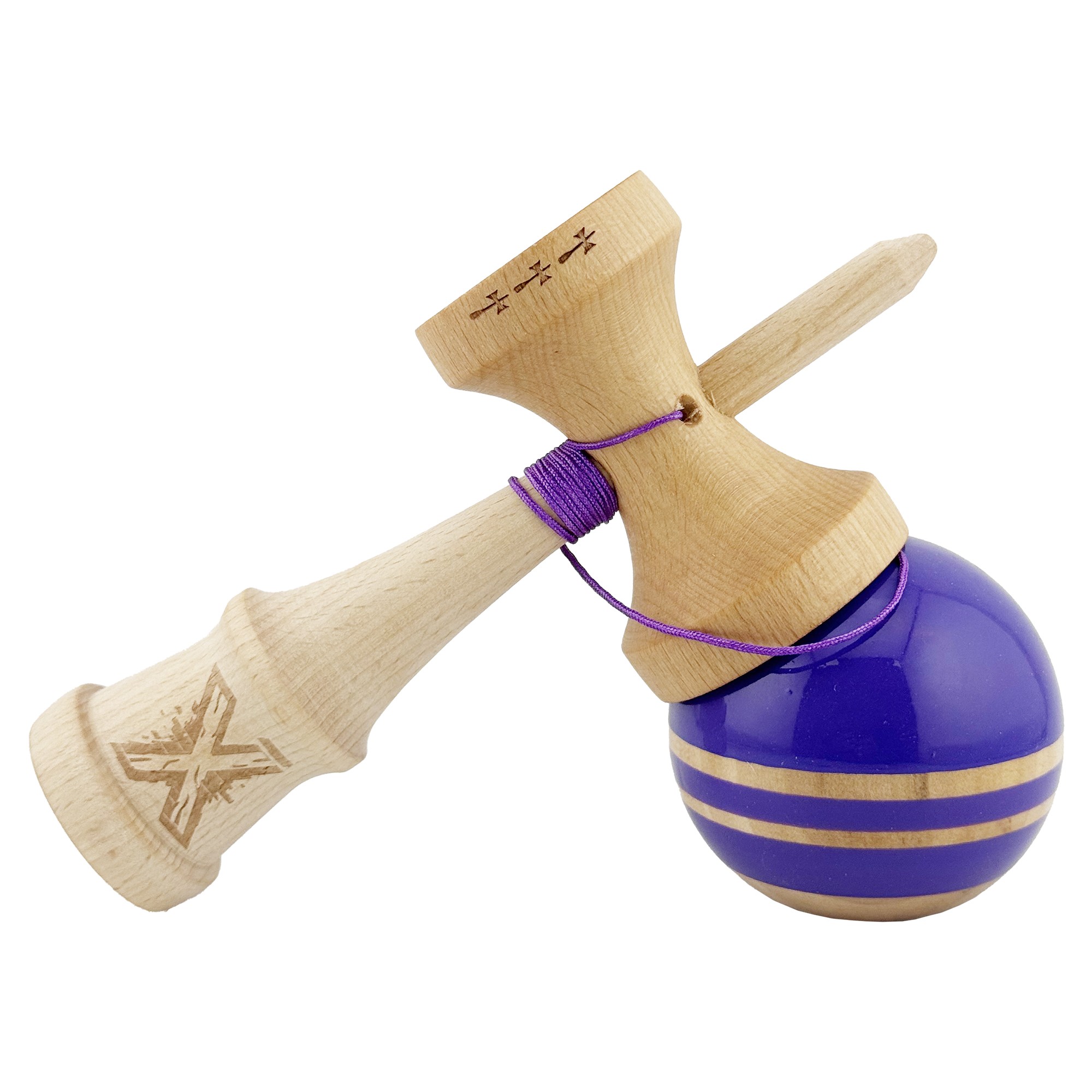 Kendama X Rainbow Originala, Profesionala, Flippy, Big Cups V2, Super Sticky cu Cupe Mari, Rulment Metalic, din lemn 18 cm, Ata 55 cm, Indigo/Maro