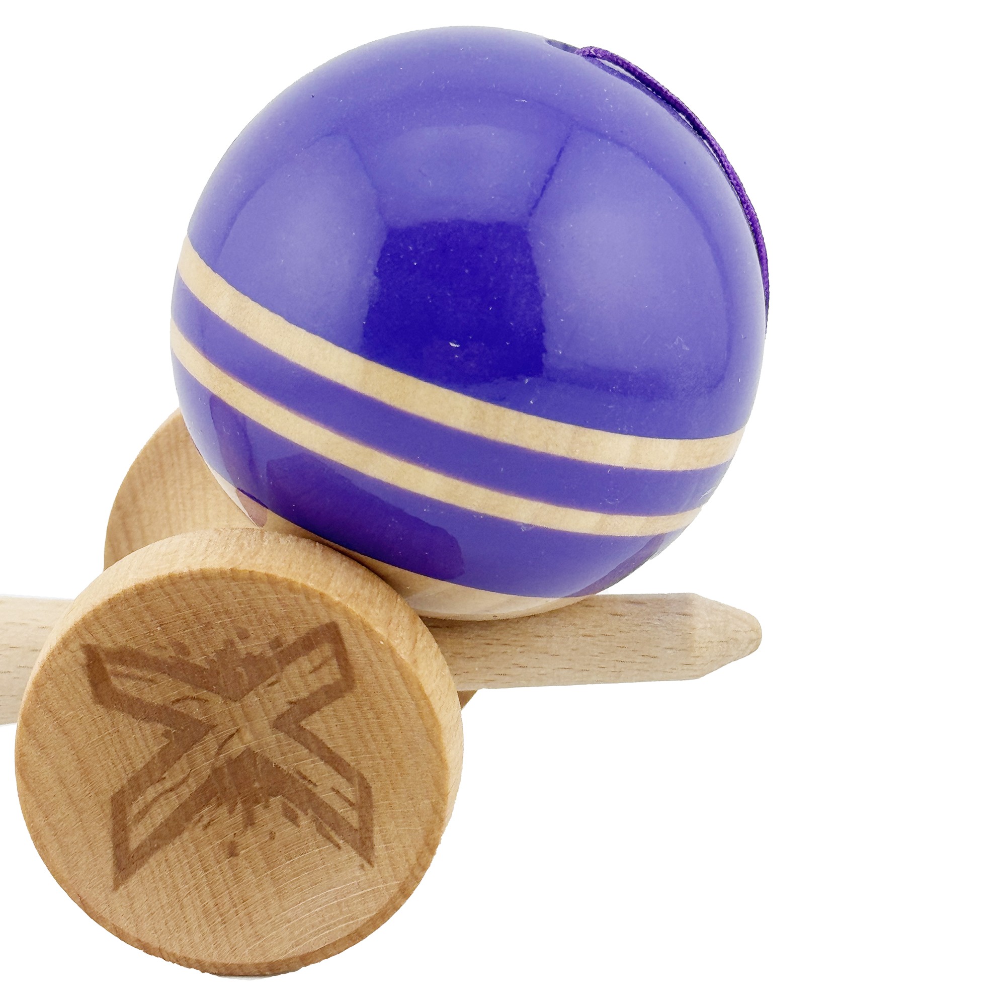 Kendama X Rainbow Originala, Profesionala, Flippy, Big Cups V2, Super Sticky cu Cupe Mari, Rulment Metalic, din lemn 18 cm, Ata 55 cm, Indigo/Maro