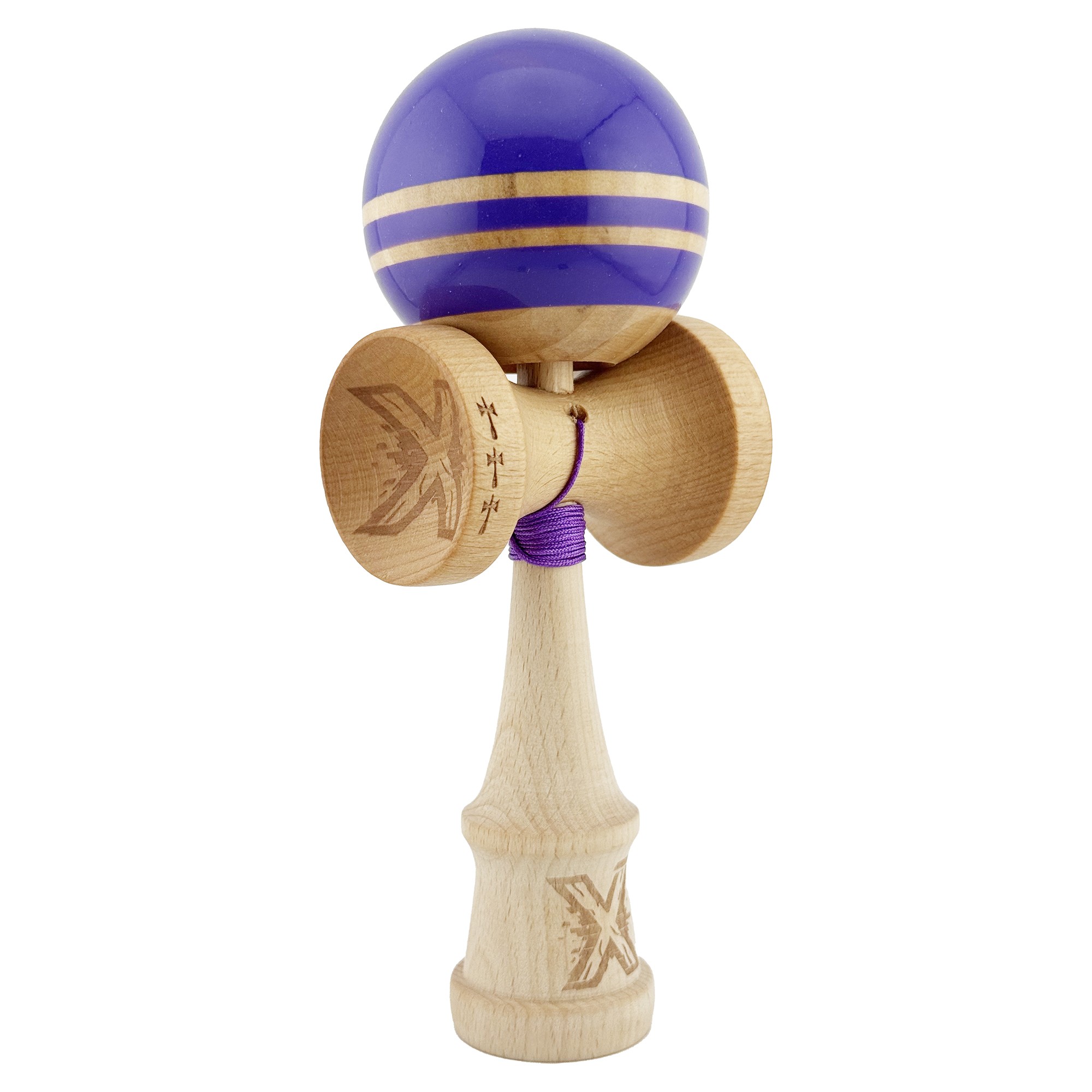 Kendama X Rainbow Originala, Profesionala, Flippy, Big Cups V2, Super Sticky cu Cupe Mari, Rulment Metalic, din lemn 18 cm, Ata 55 cm, Indigo/Maro