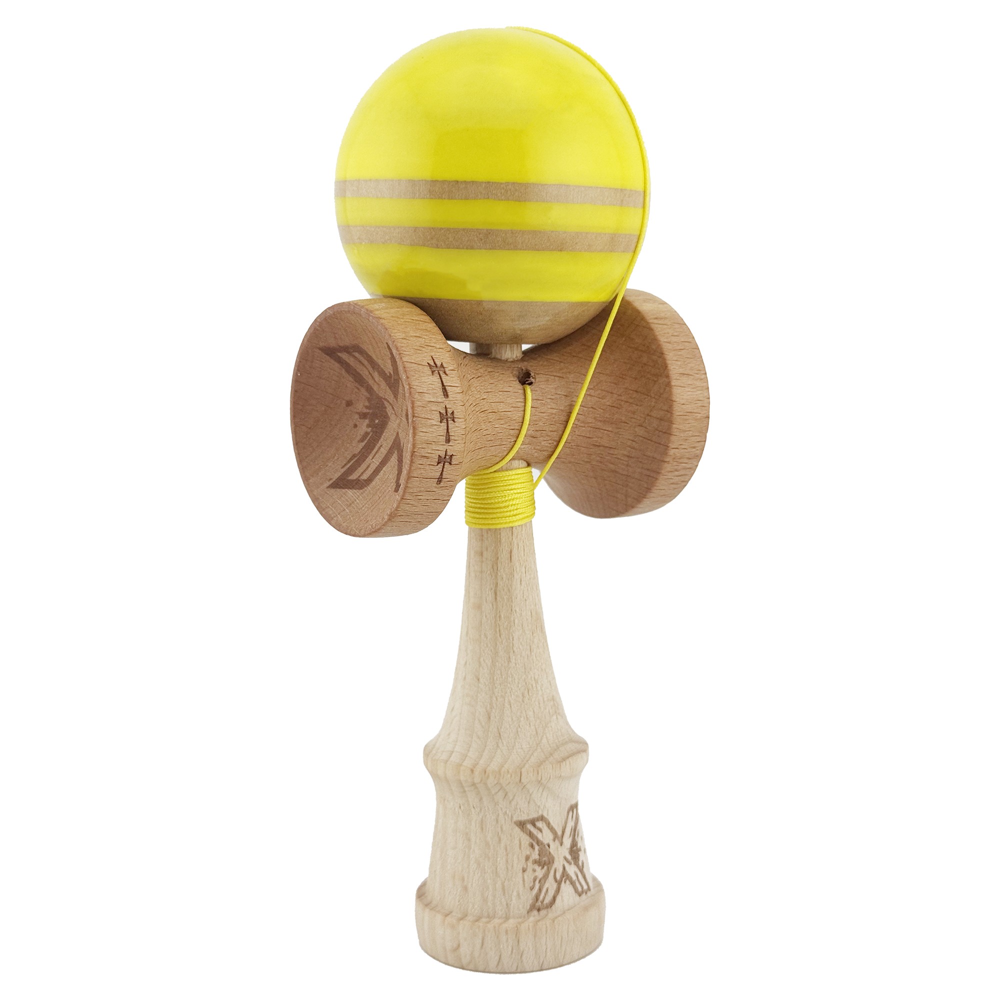 Kendama X Rainbow Originala, Profesionala, Flippy, Big Cups V2, Super Sticky cu Cupe Mari, Rulment Metalic, din lemn 18 cm, Ata 55 cm, Galben/Maro