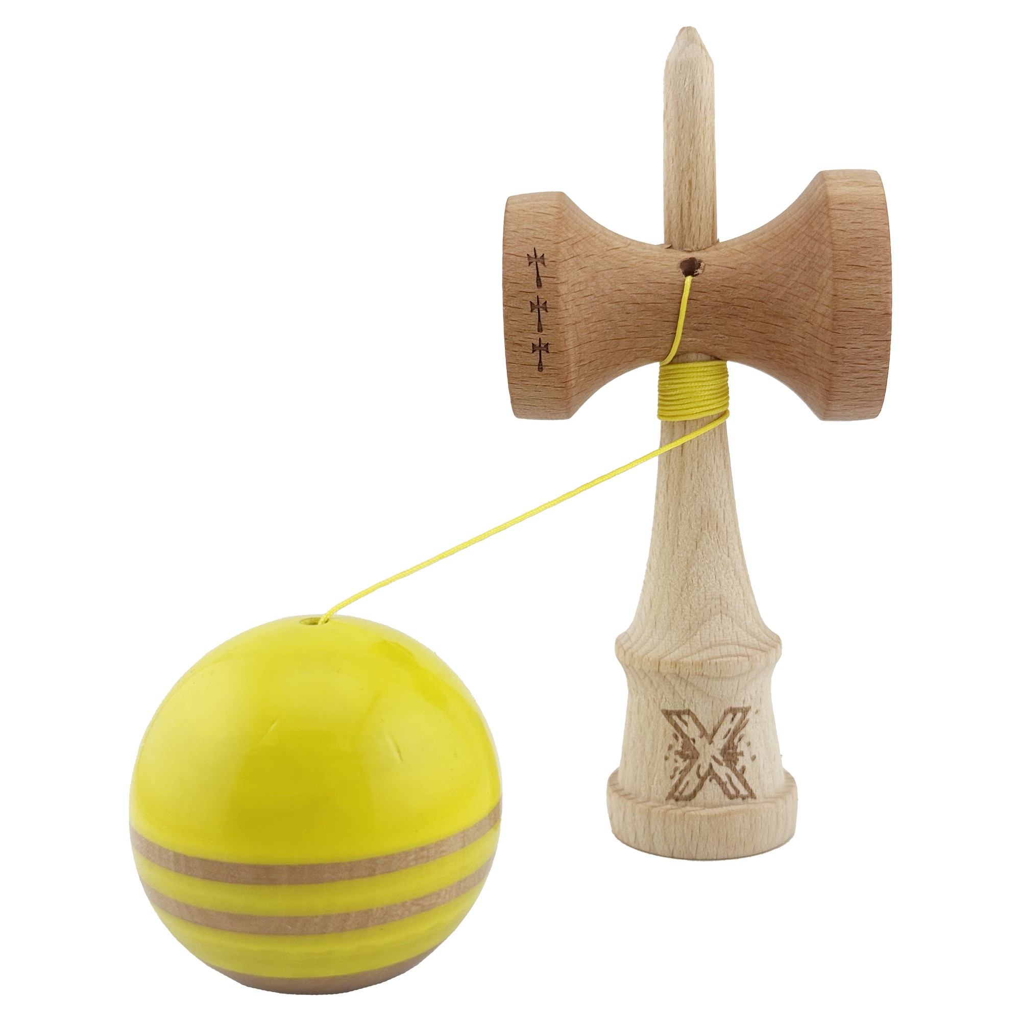 Kendama X Rainbow Originala, Profesionala, Flippy, Big Cups V2, Super Sticky cu Cupe Mari, Rulment Metalic, din lemn 18 cm, Ata 55 cm, Galben/Maro